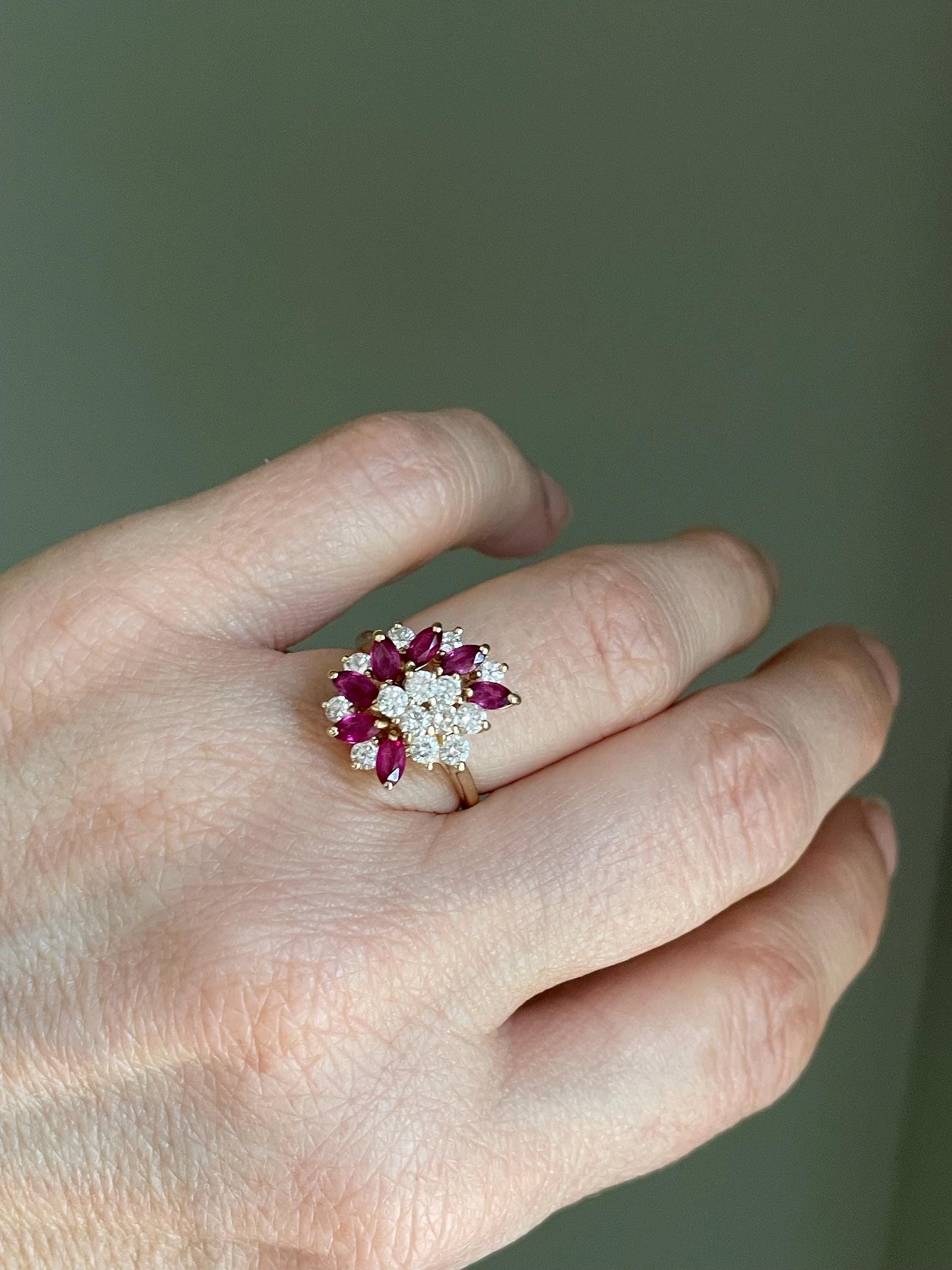 A 14K Yellow Gold Vintage Ring Featuring Natural Ruby and Diamond Spray