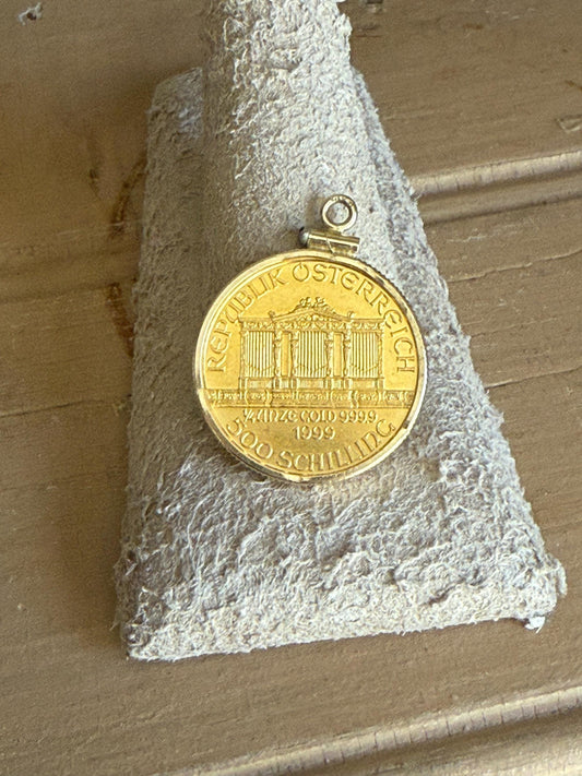 1999 1/4oz Austrian Gold Philharmonic Coin in 14K Yellow Gold Pendant