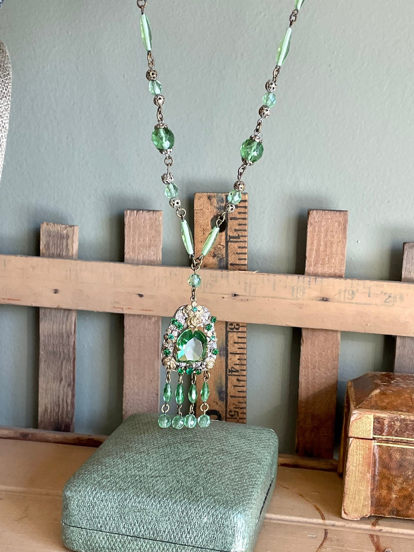 Czechoslovakia Bi-Color Lime Green Brass Dangle Necklace