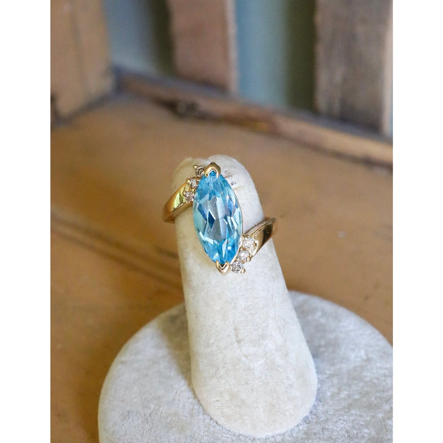 Vintage 10K Yellow Gold Marquis Cut Blue Topaz and Diamond Ring