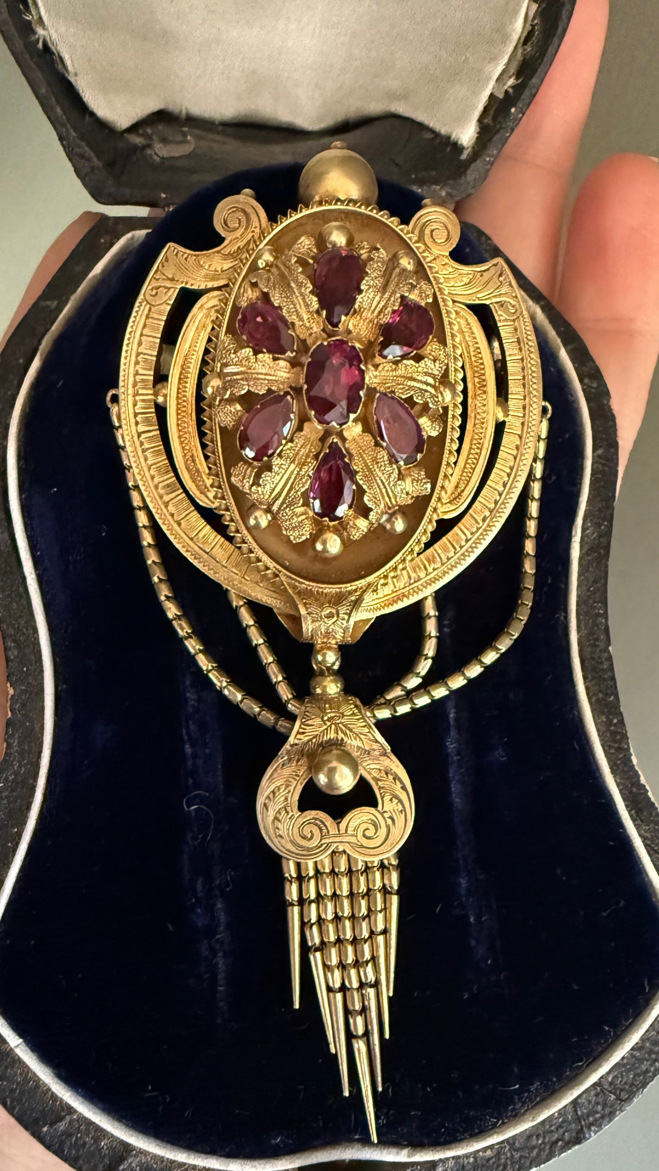 Antique Victorian c1880 14K Yellow Gold Dramatic Locket Brooch Set with Garnets