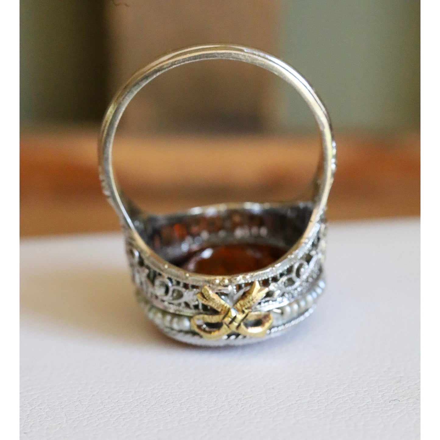 14K White Gold Authentic Art Deco Citrine Ring with Seed Pearl Halo