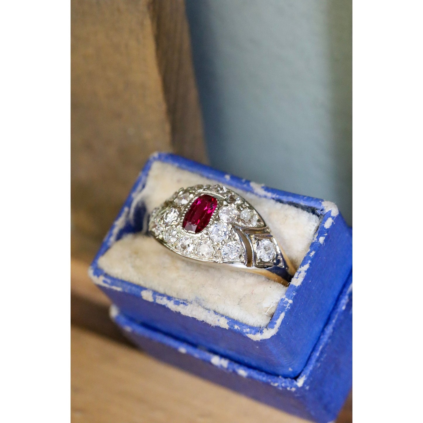 Antique 18K Gold Old Mine Old European Cut Diamonds and Ruby Ring