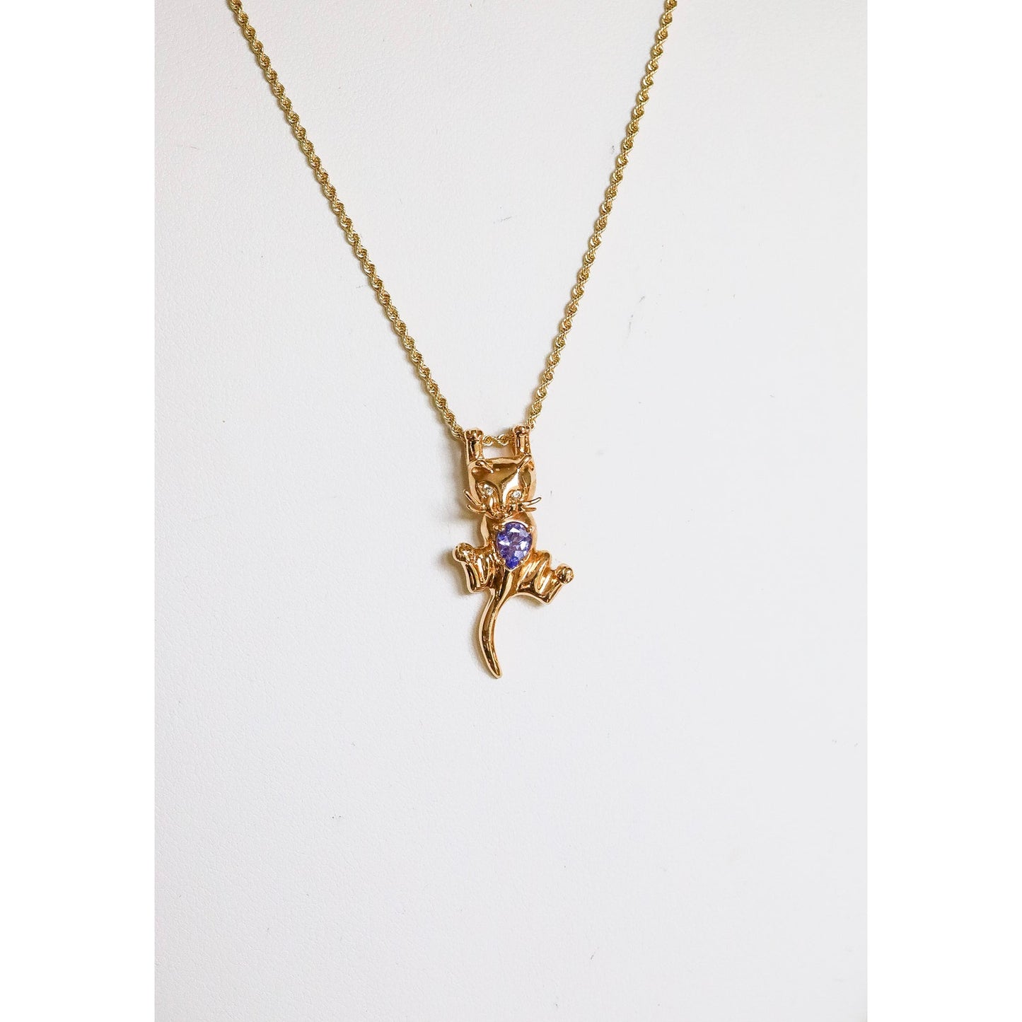 Vintage 14k Yellow Gold Hanging Cat Pendant with Tanzanite and Diamonds