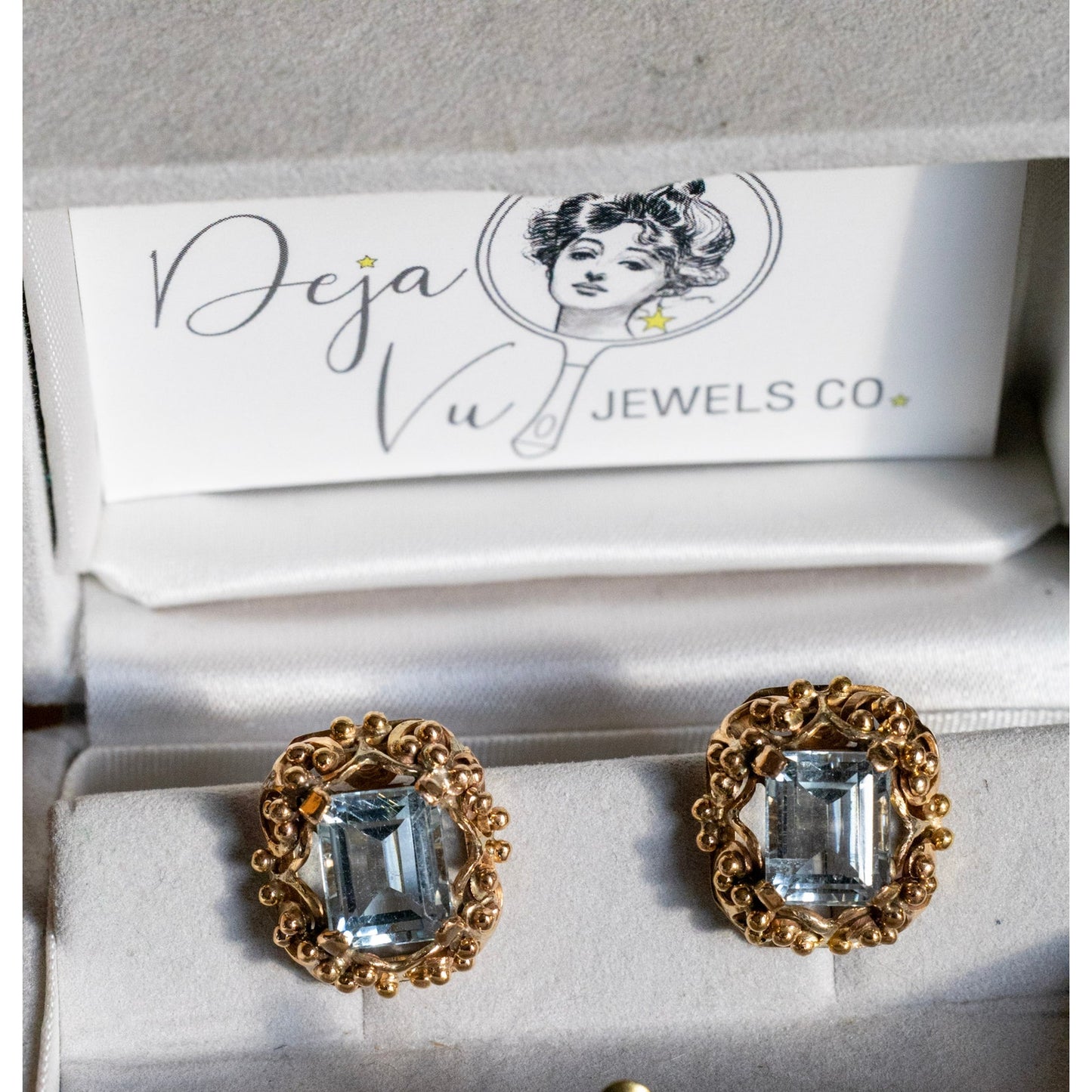 Vintage Solid 14K Yellow Gold Emerald Cut Aquamarine Earrings