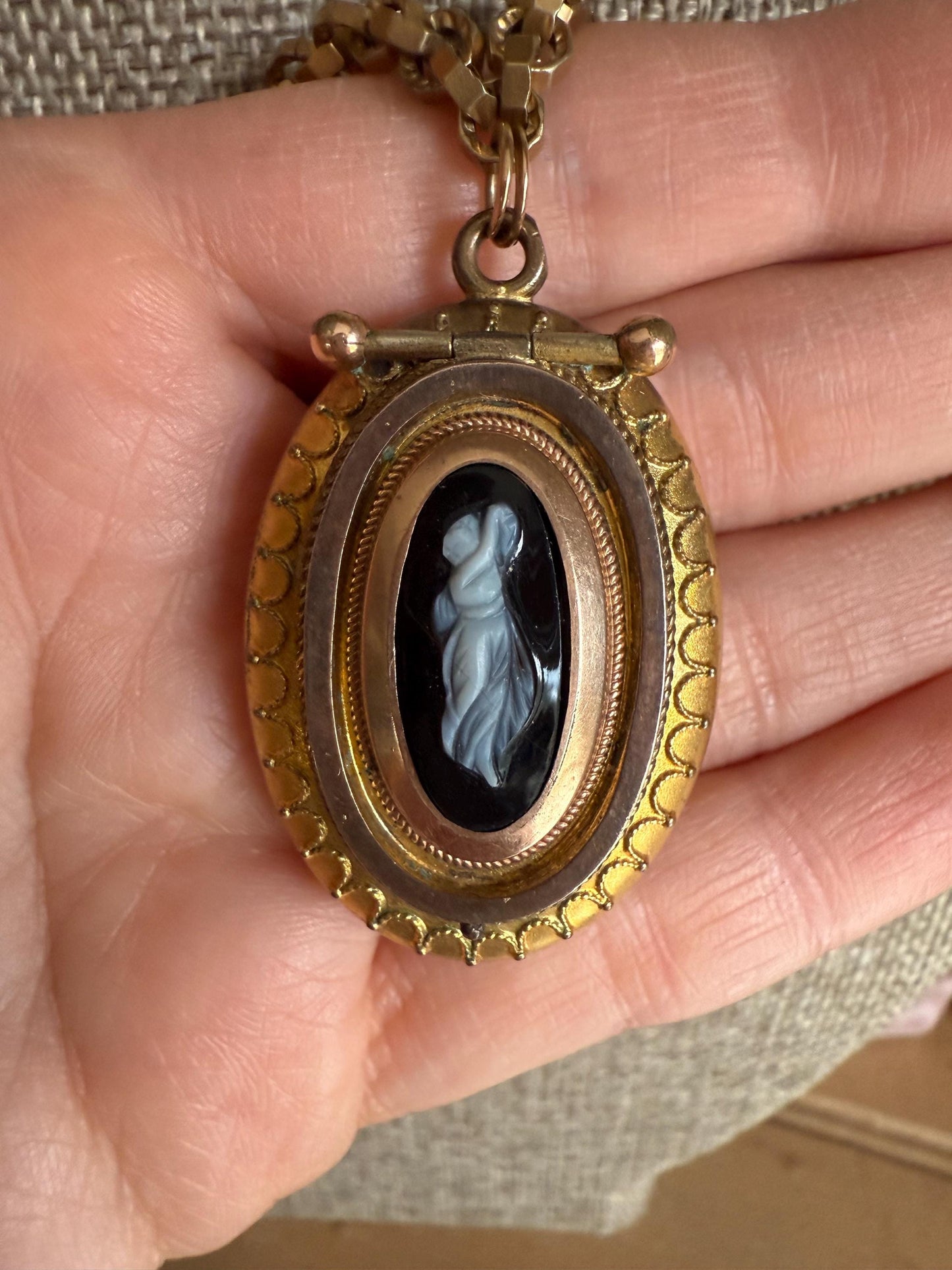 c1880 Antique Victorian Carved Banded Agate Cameo Locket on Chain