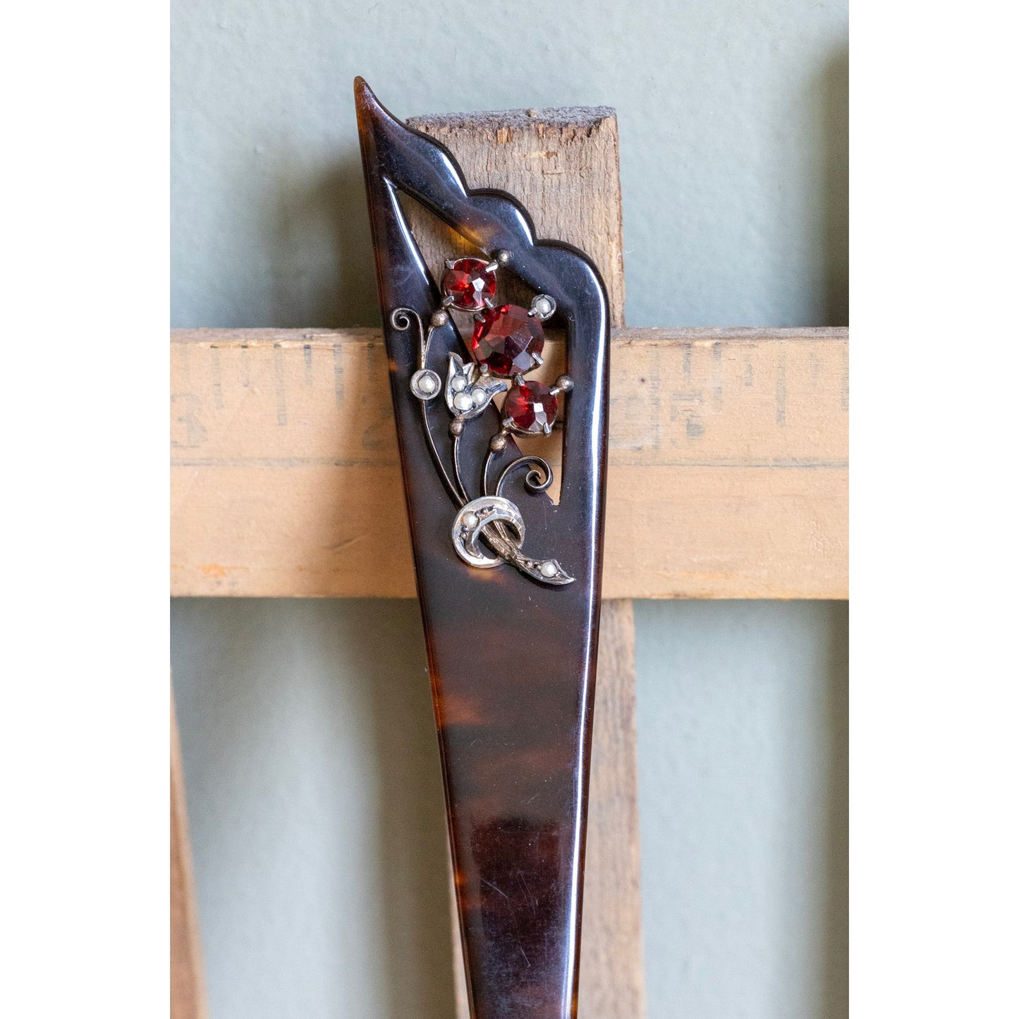 Antique  Hair Pick Set with Bohemian Cut Garnets and Natural Seed Pearl