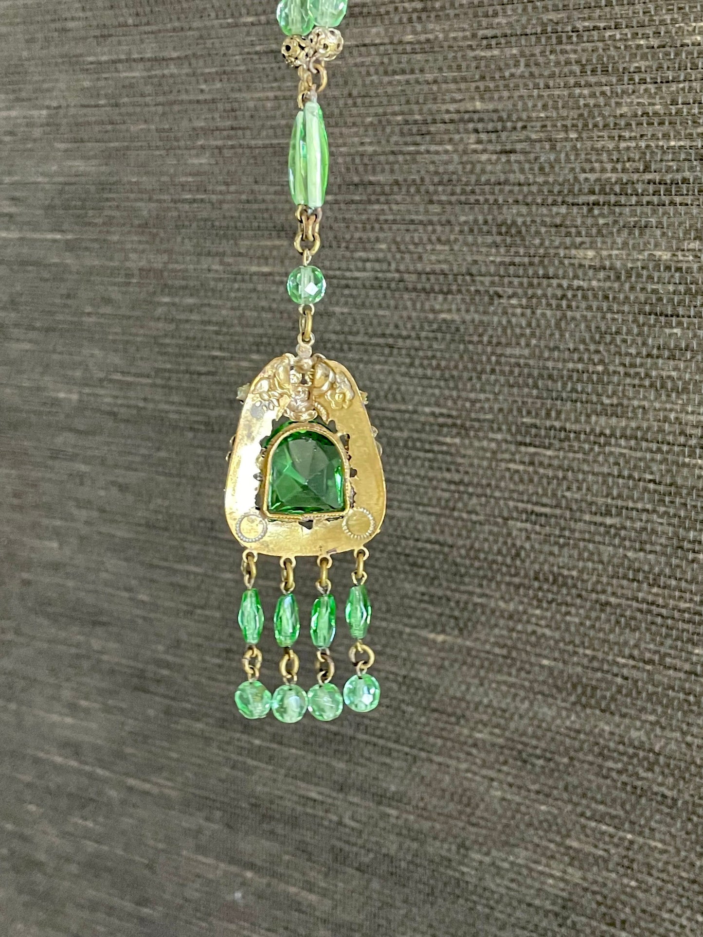 Czechoslovakia Bi-Color Lime Green Brass Dangle Necklace