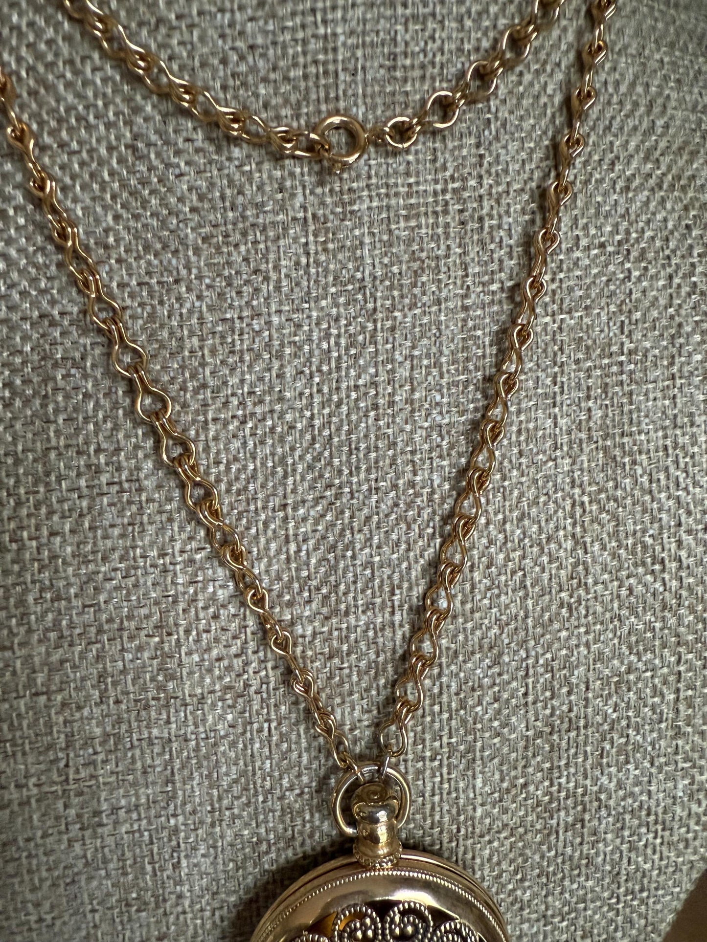 c1970 Costume Round Glass Citrine Like Stone Set Locket on Long Chain