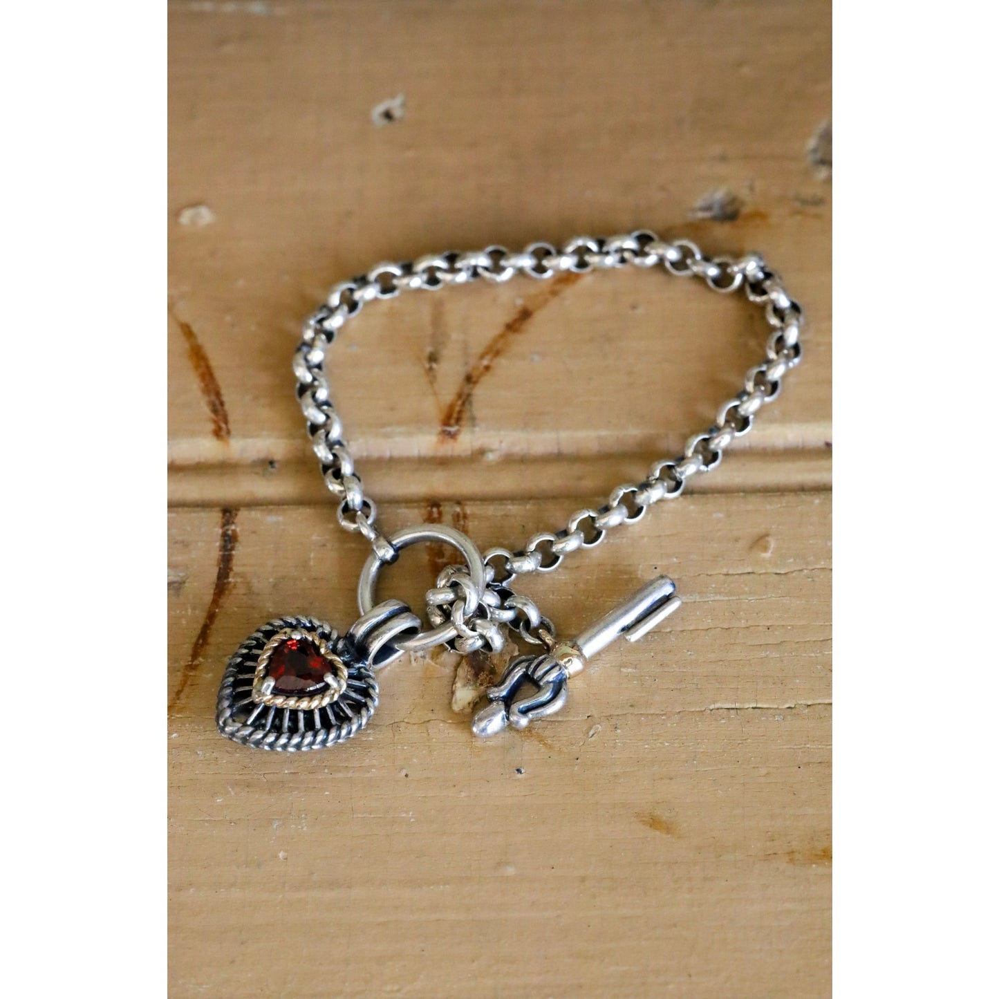 Vintage Ross Simons Sterling Silver and 14K Garnet Set Heart Charm Bracelets with Arrow Clasp