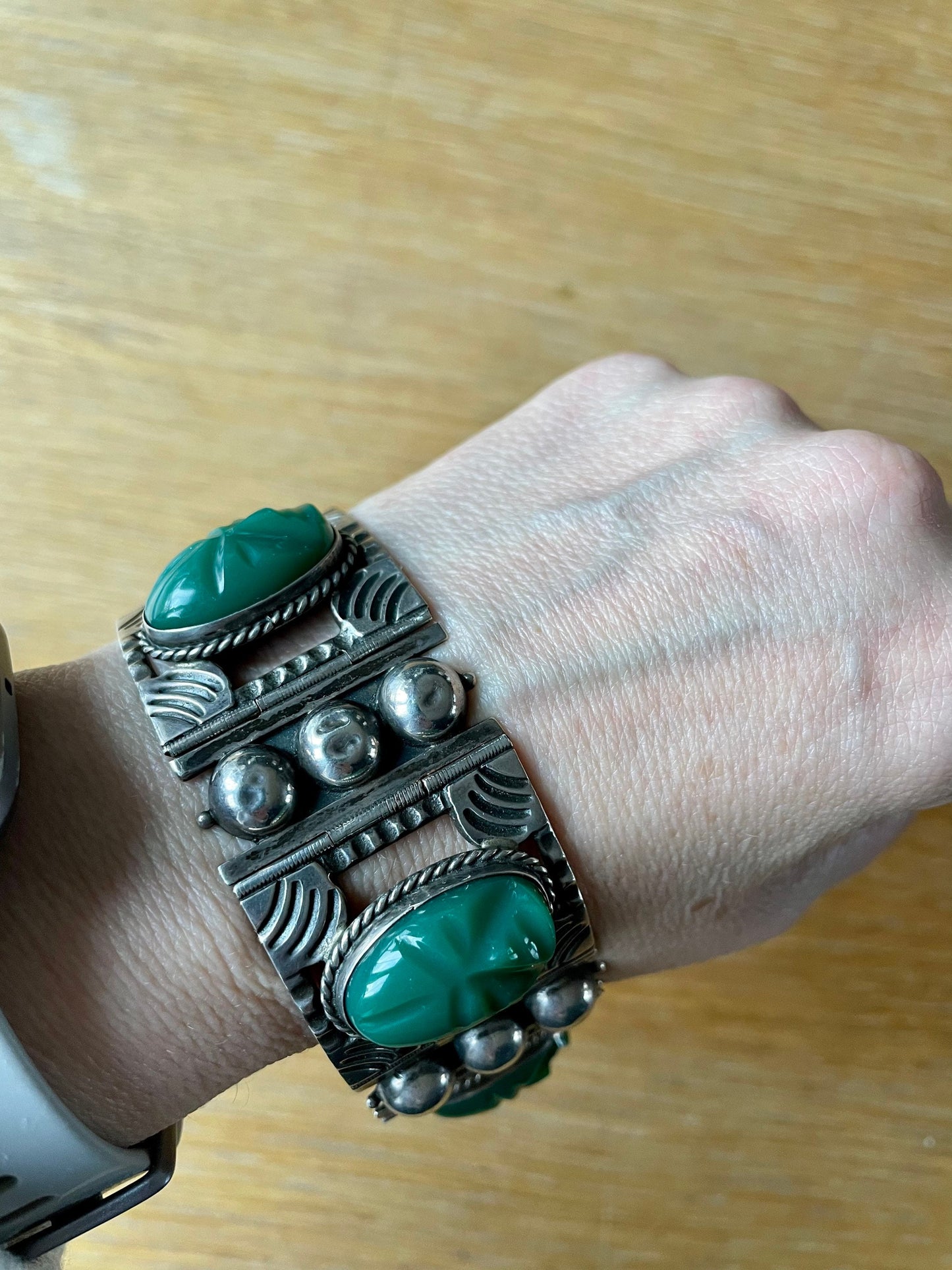Sterling Silver Mexican Green Onyx Bold Wide Bracelet