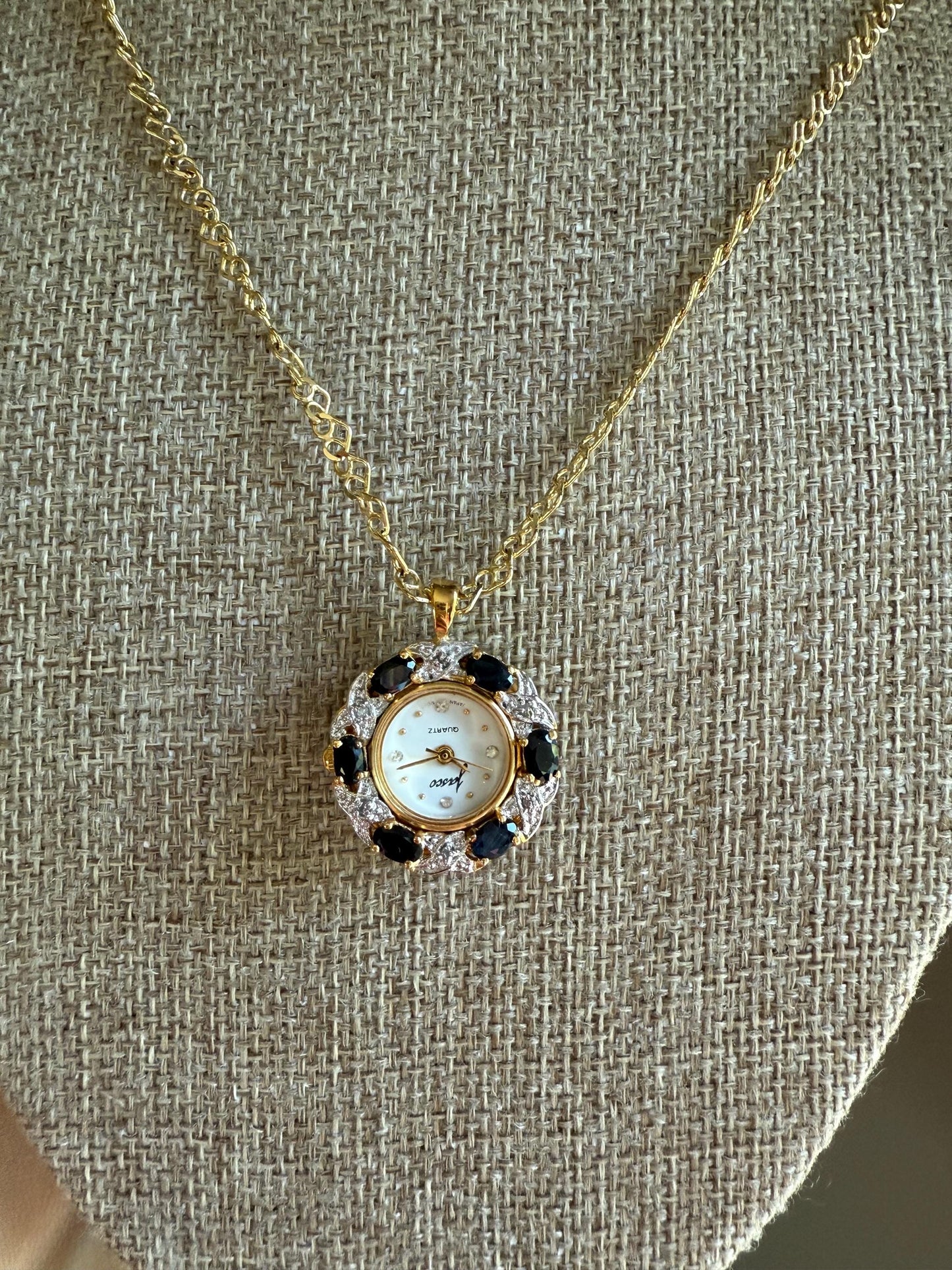 Vintage Sterling with Gold Overlay Jasso Sapphire Working Watch Pendant on Sterling Chain