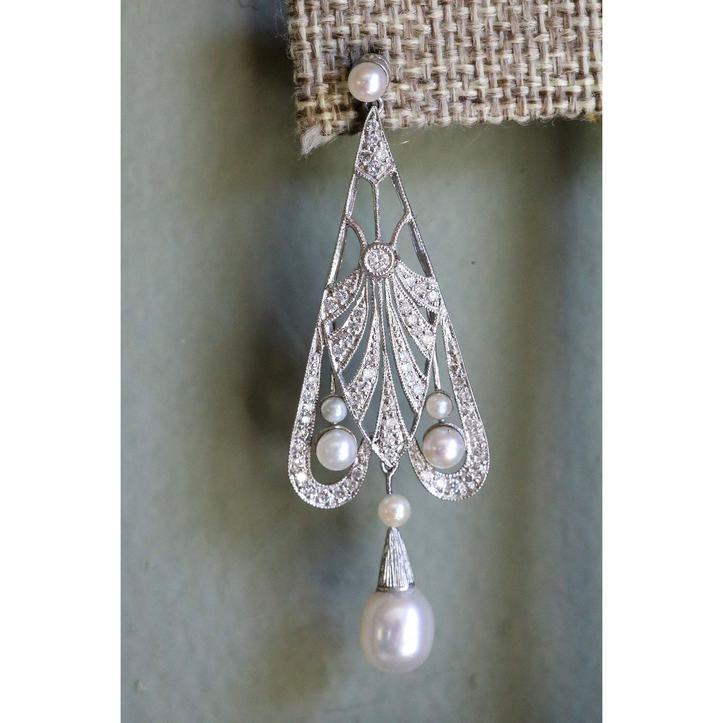 Fine Vintage Iridium Platinum Diamond and Salt Water Pearl Dangle Earrings
