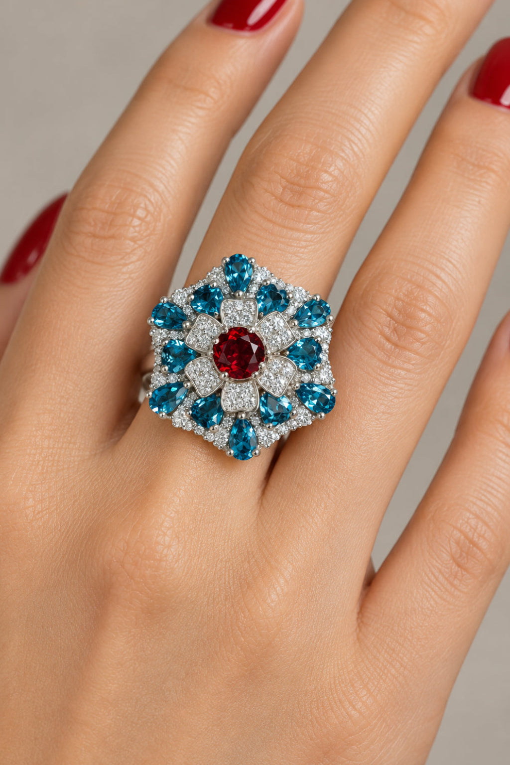 A 14K Yellow Gold Large Flower Snowflake Ring Featuring Garnet, Blue Topaz and Diamonds