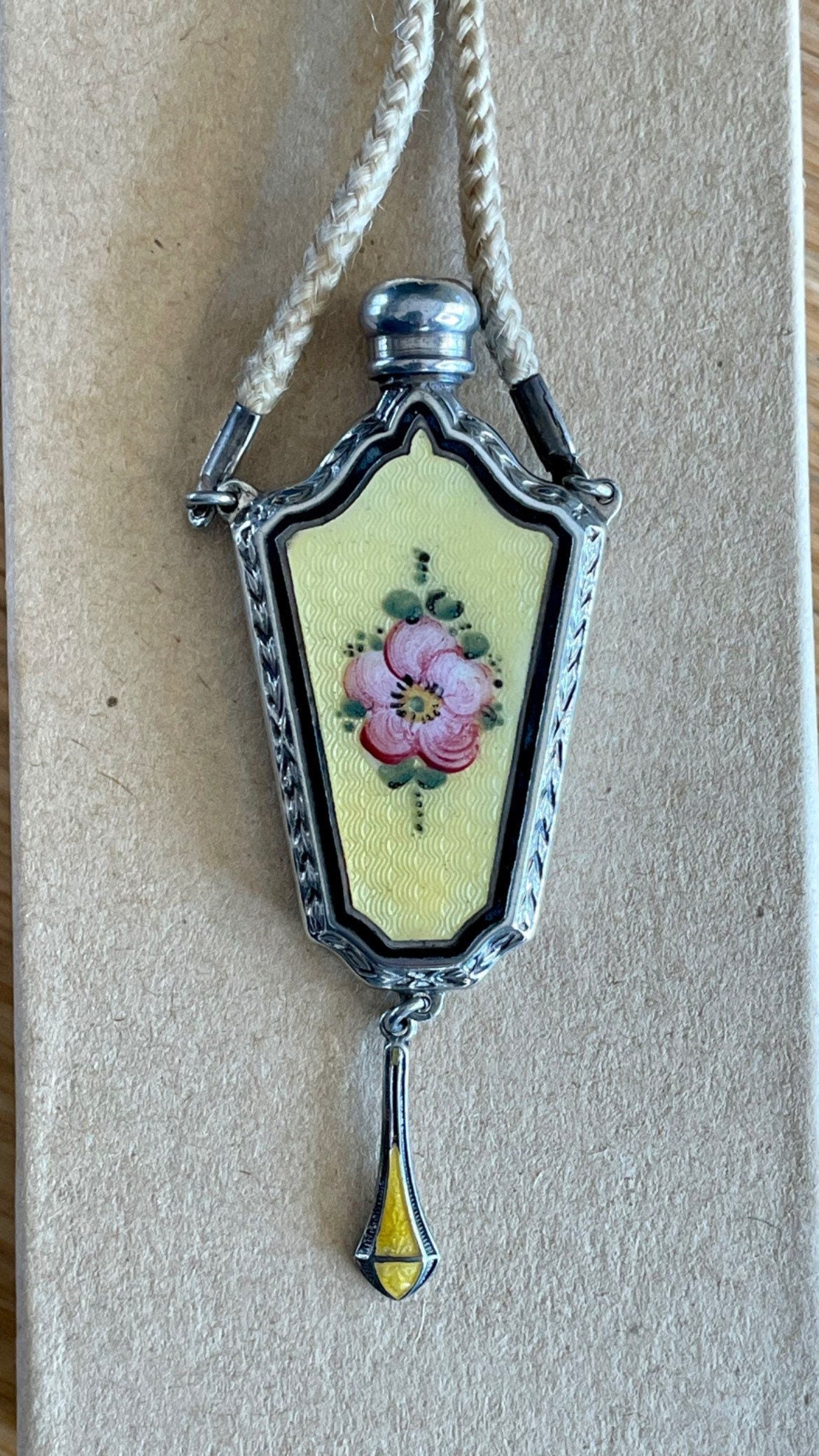 c1920-1930 Sterling Silver Guilloche Perfume Bottle on Original Braided Cord with Slide