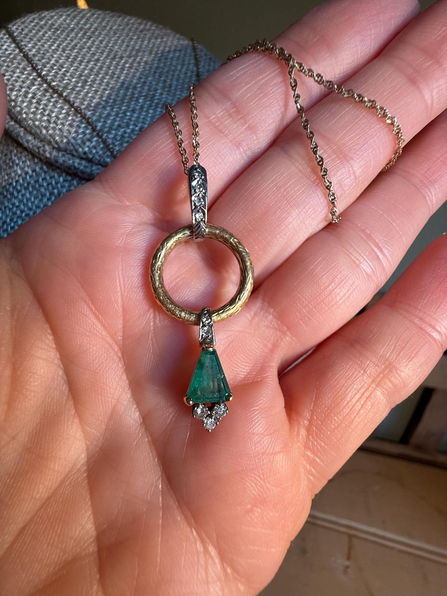 Custom Designed Natural Emerald and Diamond 18K Pendant on a 14K Yellow Gold Chain