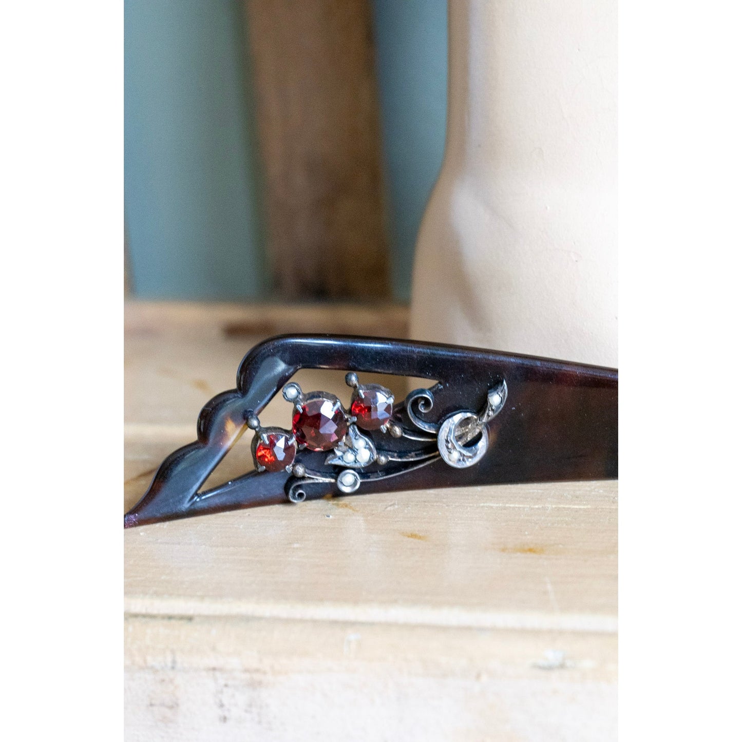 Antique  Hair Pick Set with Bohemian Cut Garnets and Natural Seed Pearl