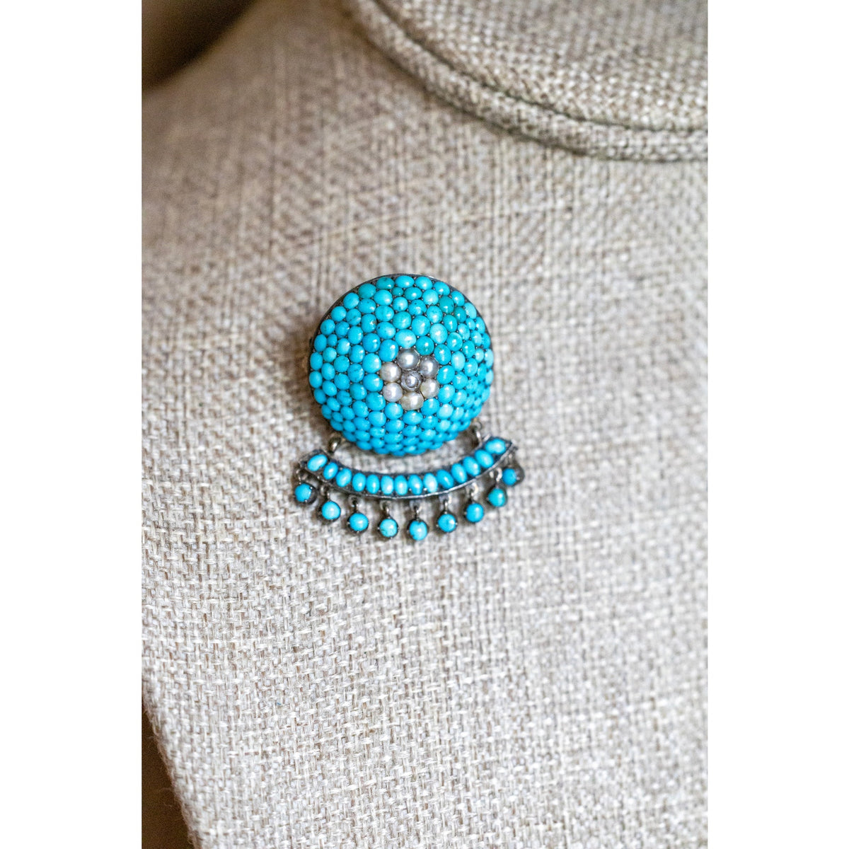 10K Antique Victorian Natural Turquoise and Seed Pearl Dangle Broch