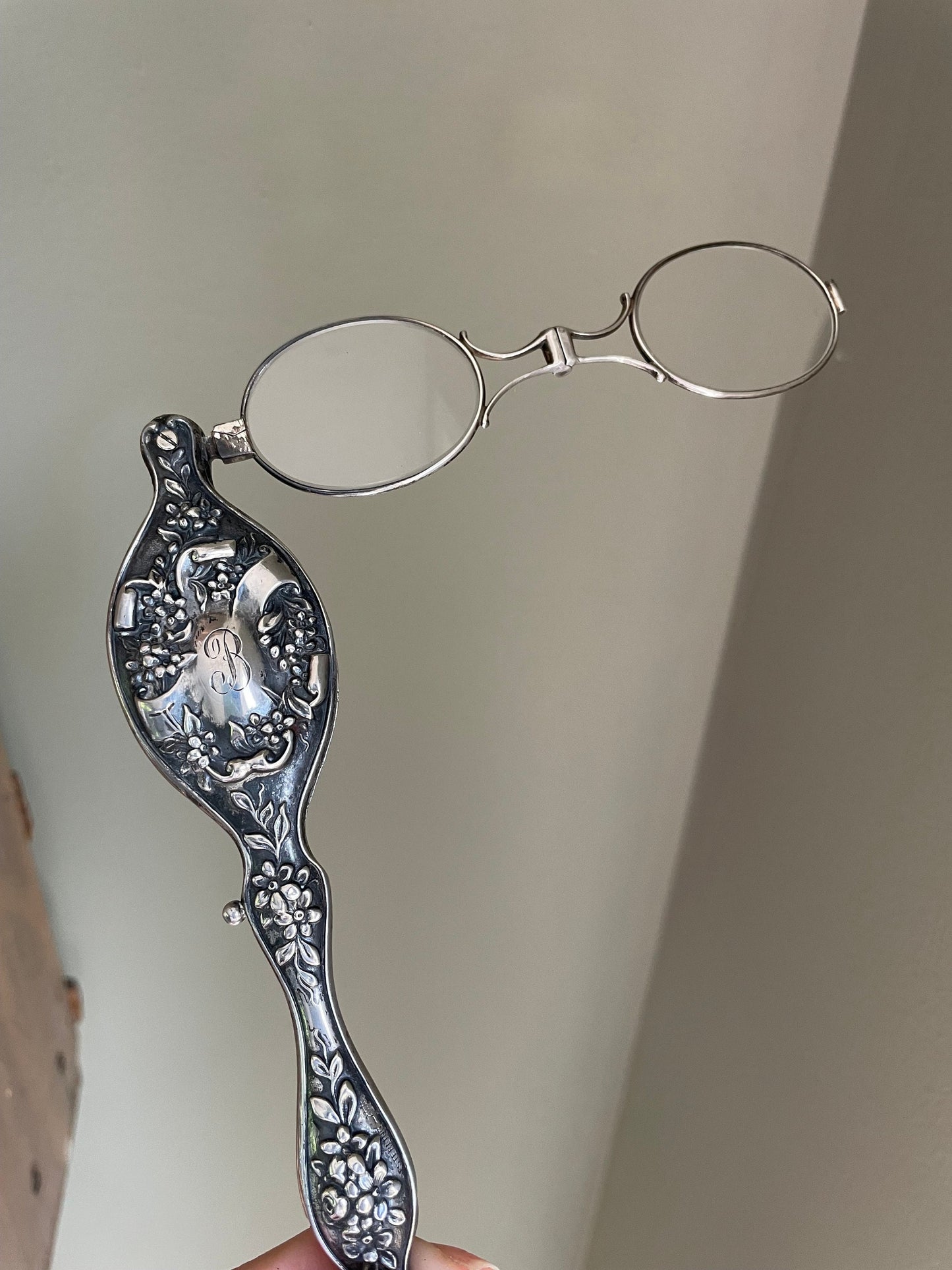 Antique Victorian Sterling Silver Lorgnette Necklace with Dog Clip Chain