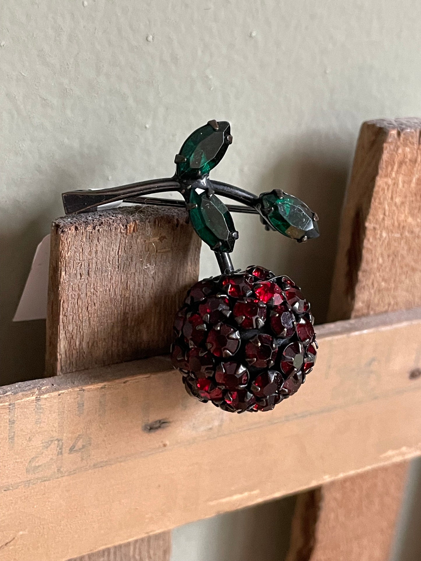 c1950 Warmer Juicy Cherry Rhinestone Brooch