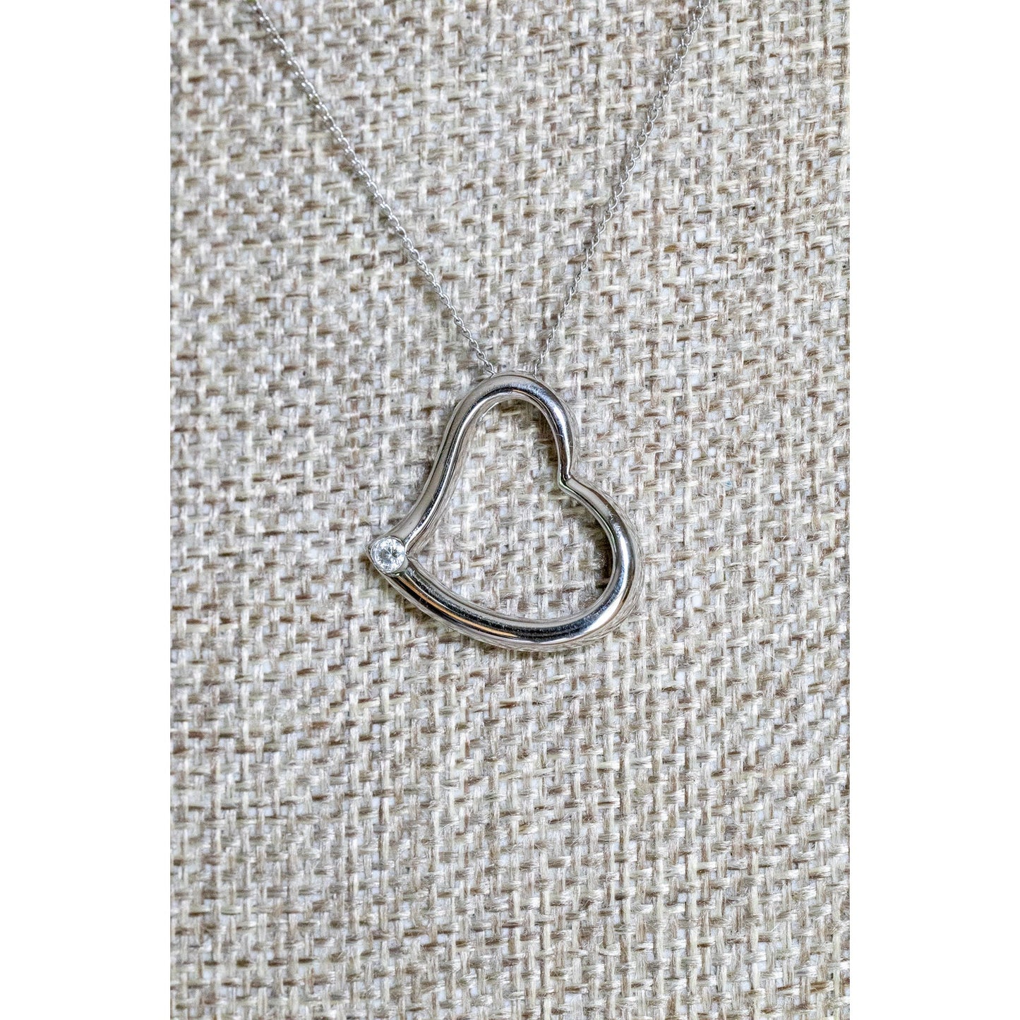 14K White Gold Open Heart Pendant with Natural Round Brilliant Cut Diamond on 14K Gold Chain