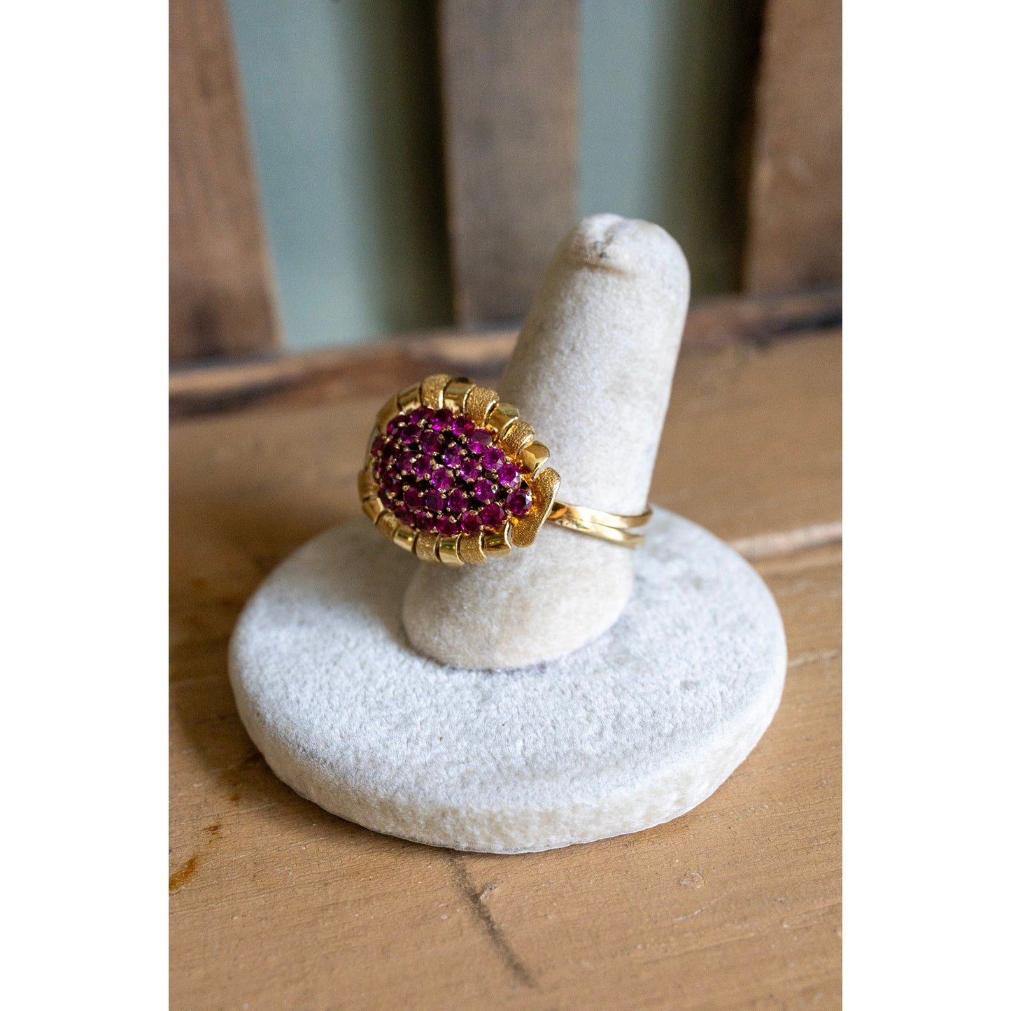 Mid Century 1950's 18K Yellow Gold Ruby Set Cocktail Ring