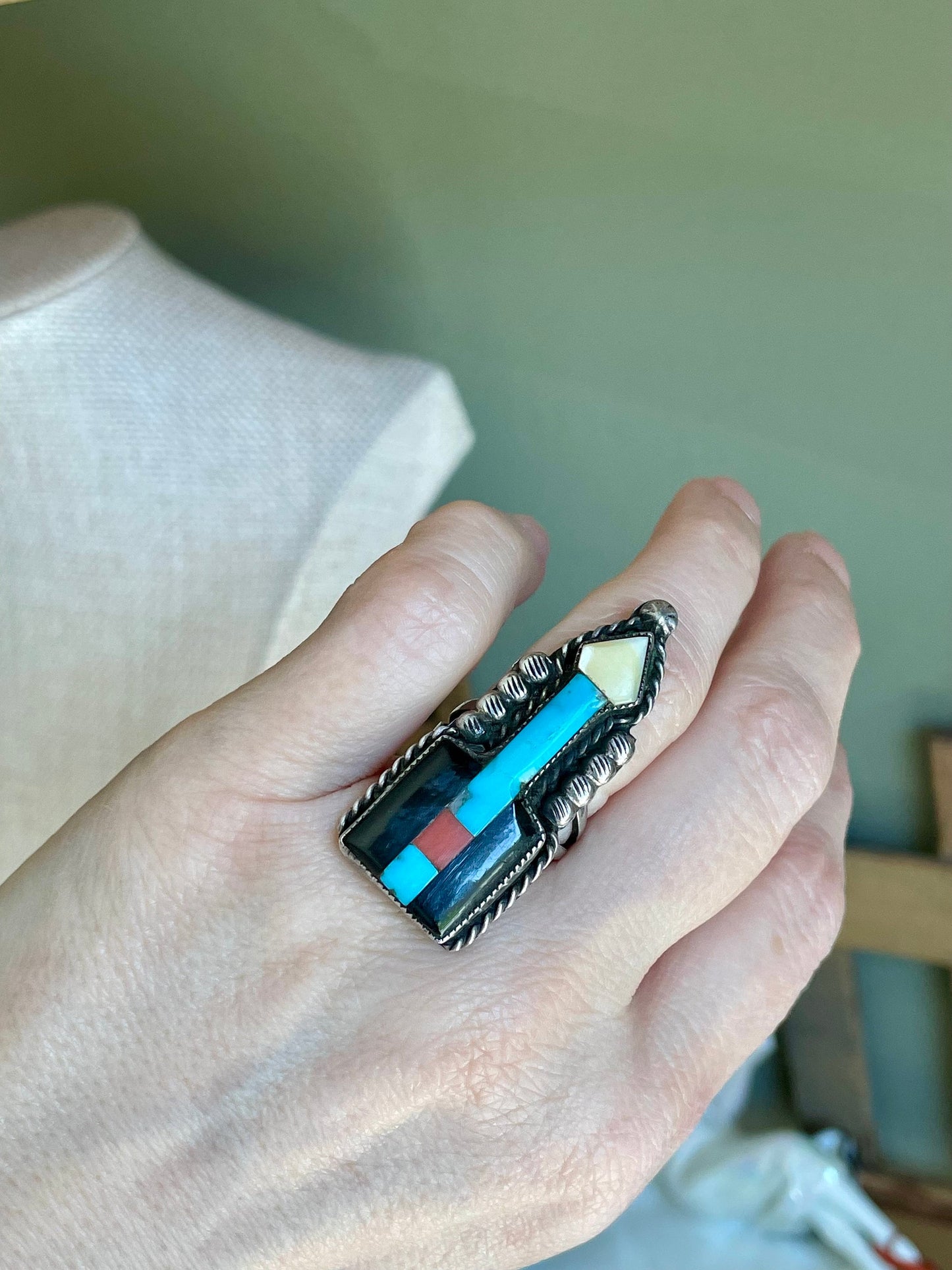 1920-1950 John Gordon Leek Zuni Inlay Arrow Ring Sterling Silver