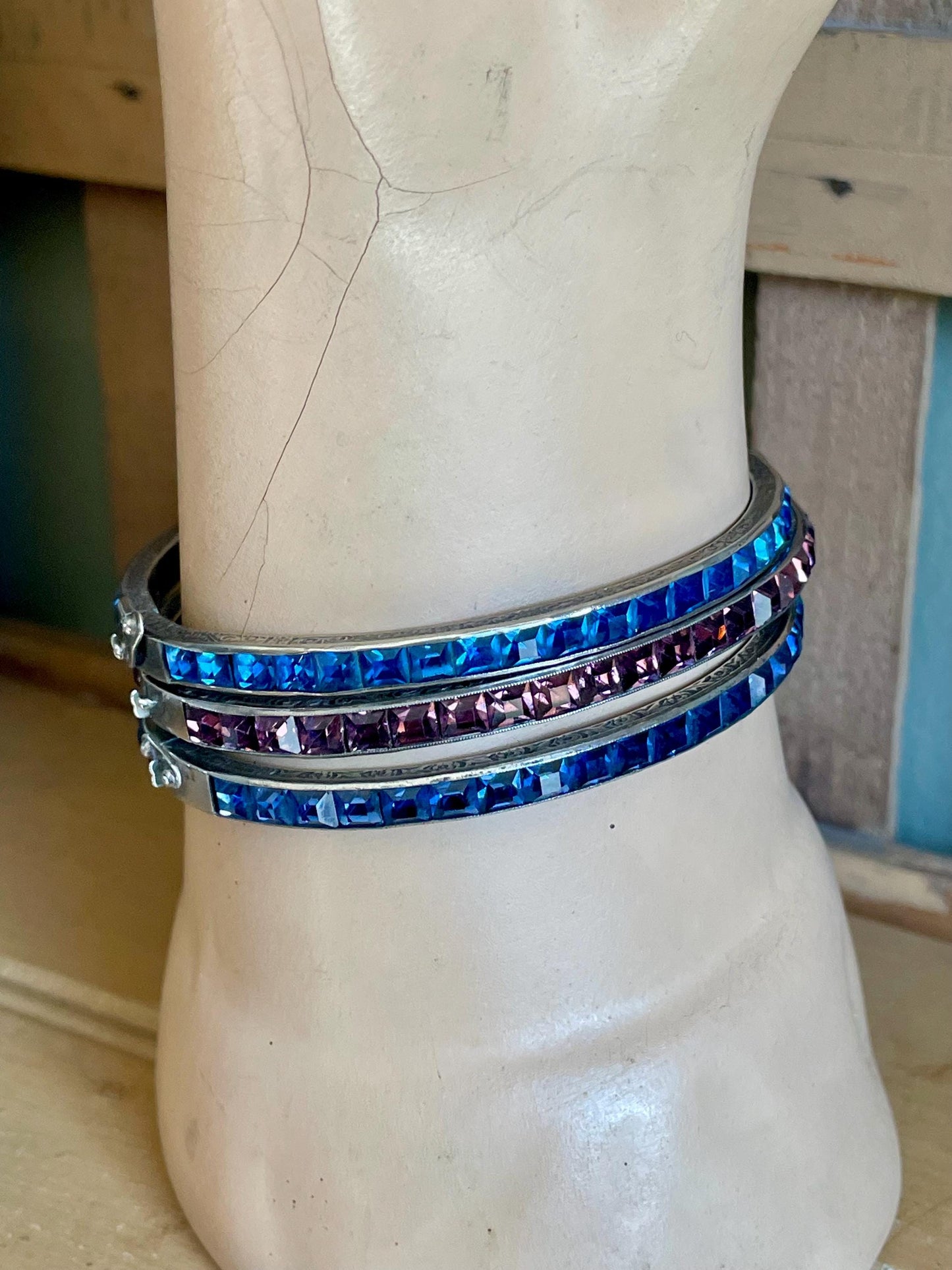 Art Deco Sterling Silver Bracelet Bangle: Ceylon Blue & Rose Cut Glass
