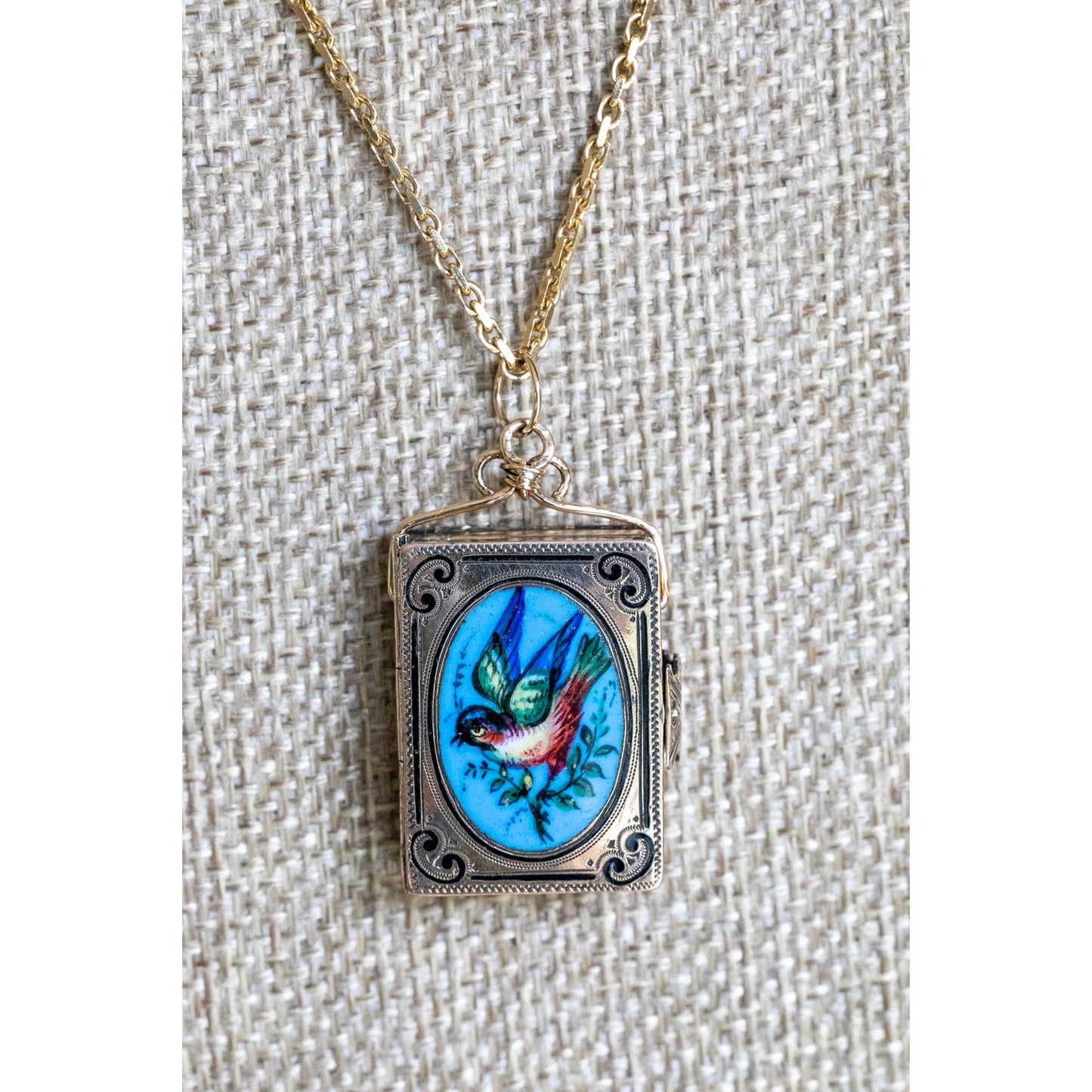 Rare Antique Hand Enameled Bird Book Locket Dating to the Victorian Era