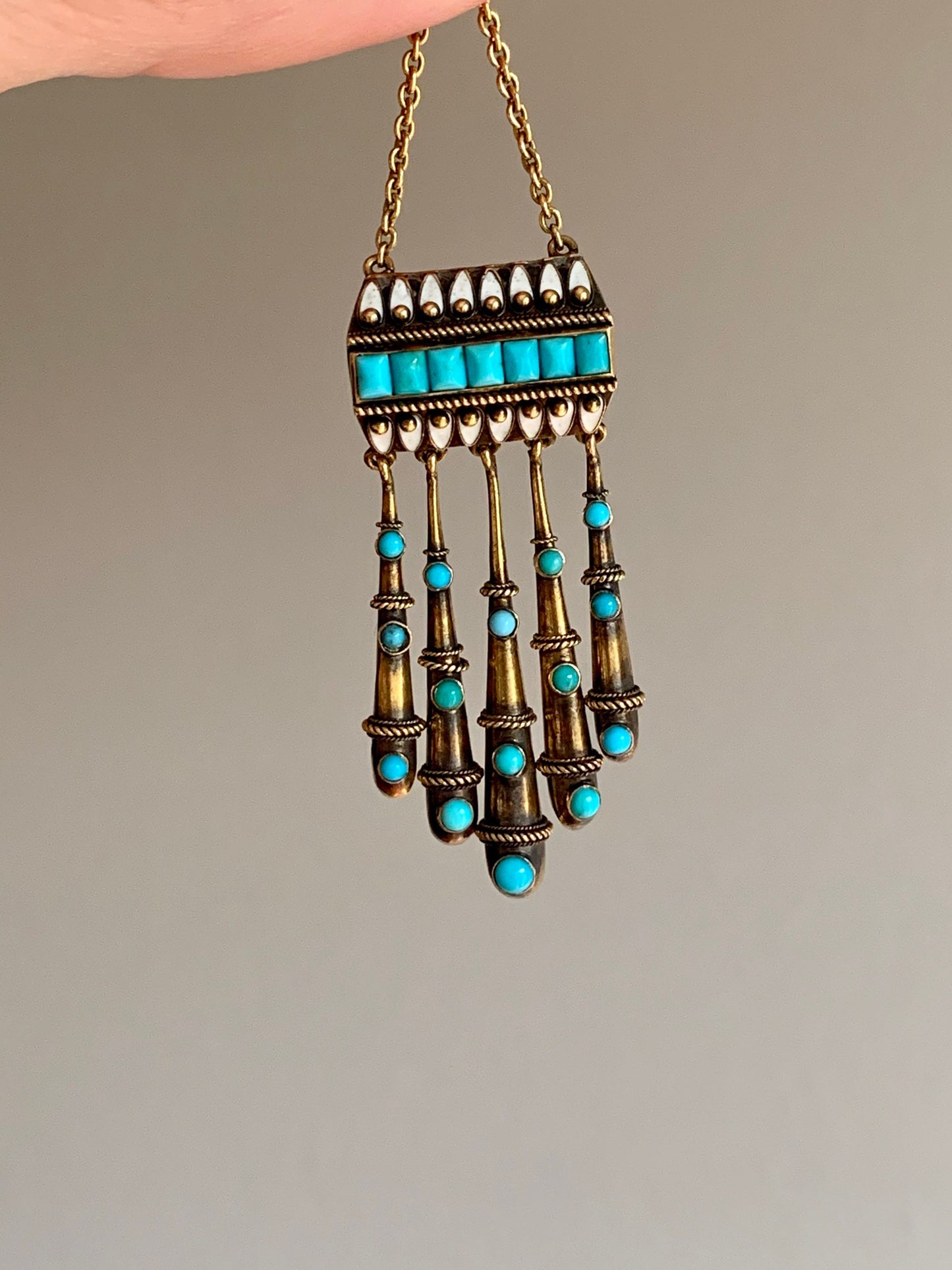 c1870 Victorian 14K Yellow Gold Turquoise and White Enamel Dangle Pendant