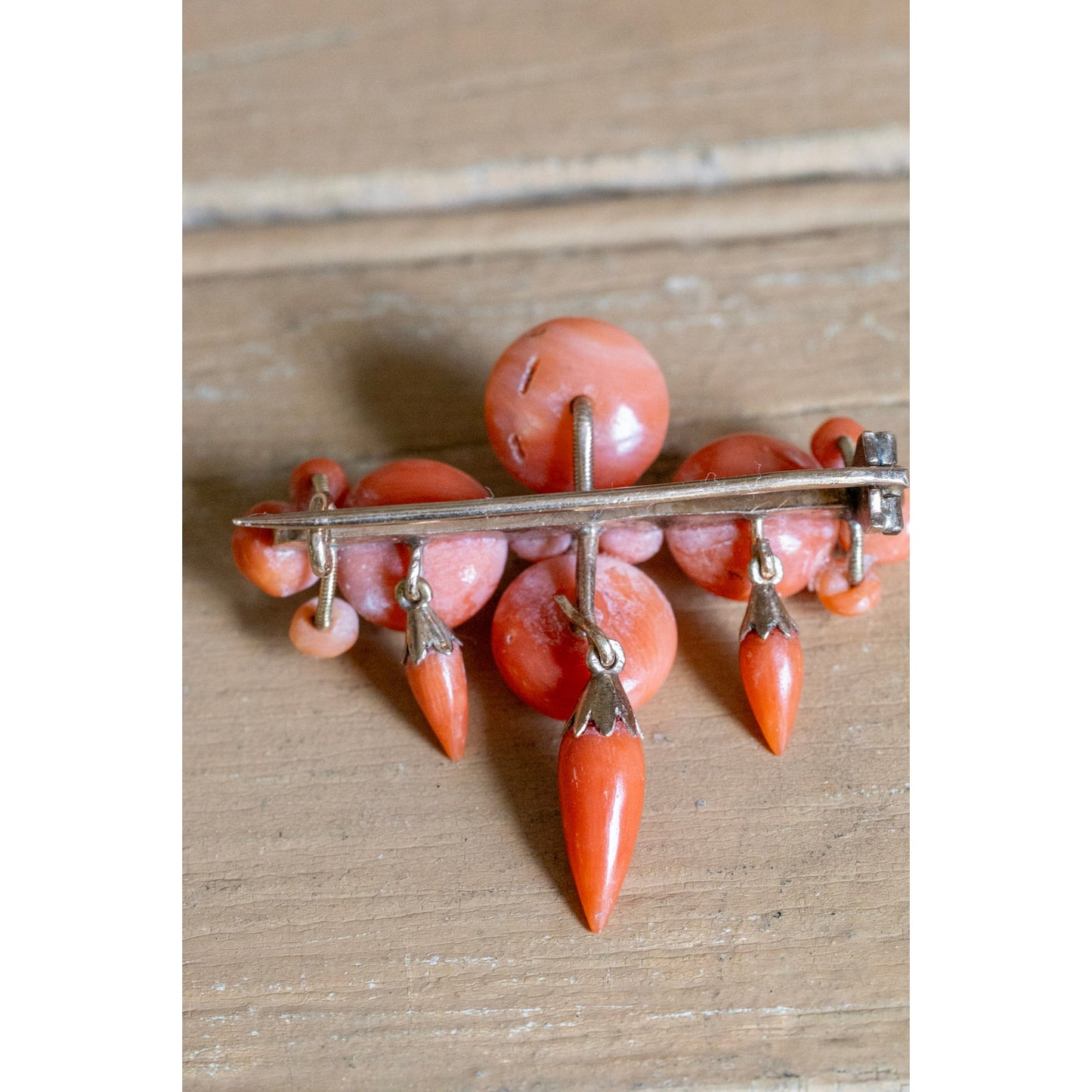 Antique Victorian Natural Untreated Coral Brooch With Hook in 10K Yellow Gold