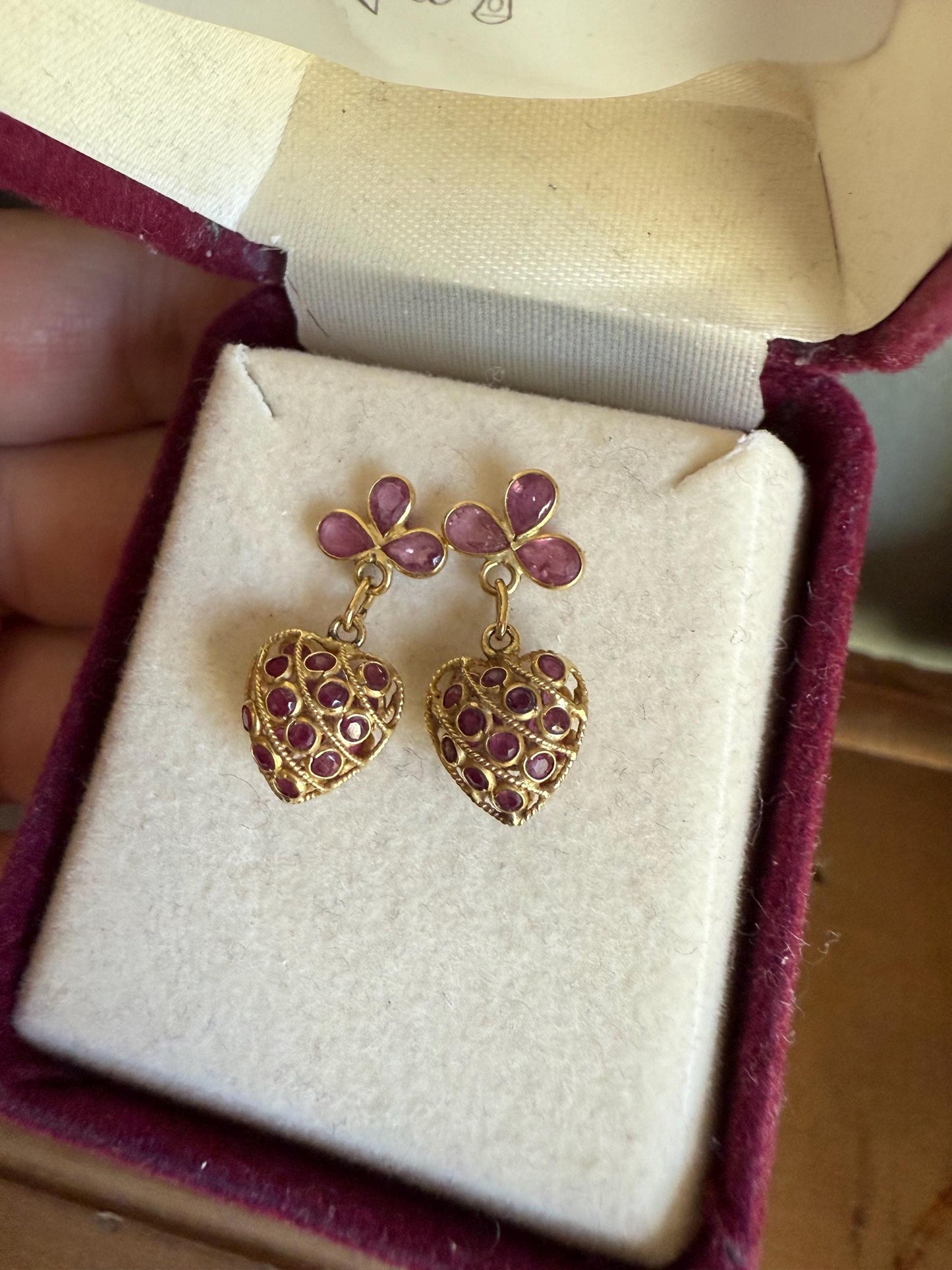 Vintage 18K Yellow Gold Natural Ruby Set Double Sided Heart Earrings