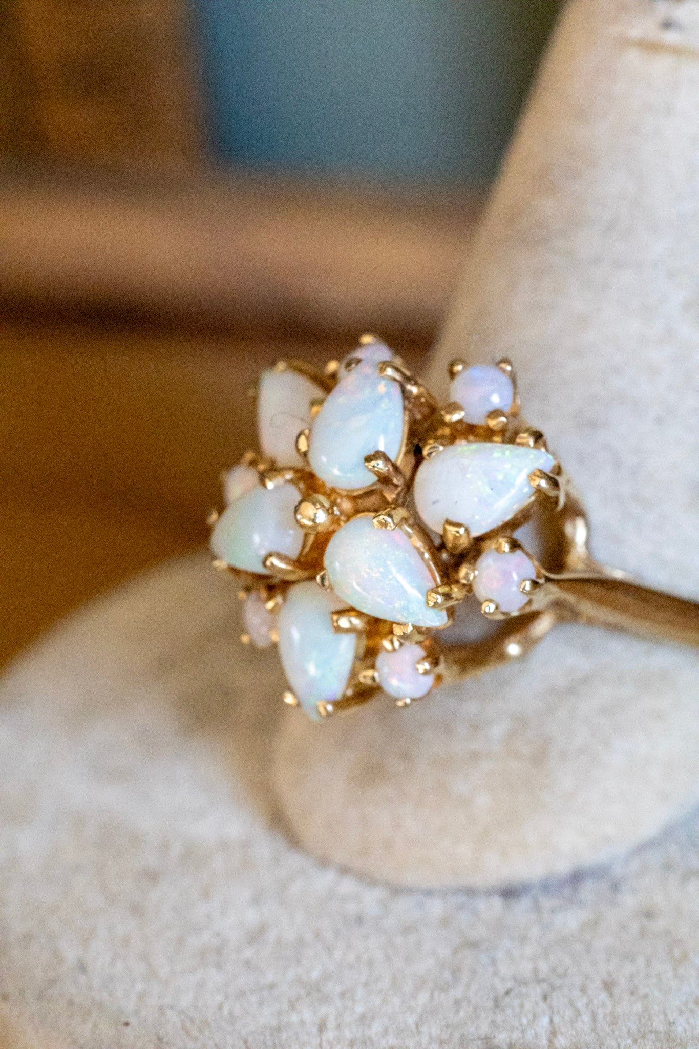 c1970 Vintage 14K Yellow Gold Round and Pear Shaped Opal Statement Ring