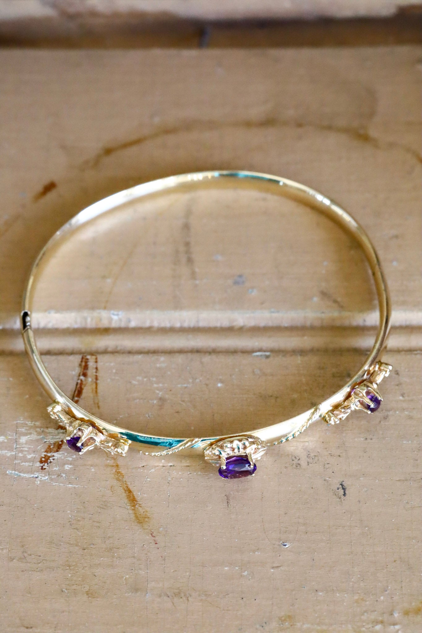 14K Yellow Gold Victorian Revival Amethyst Bracelet Bangle