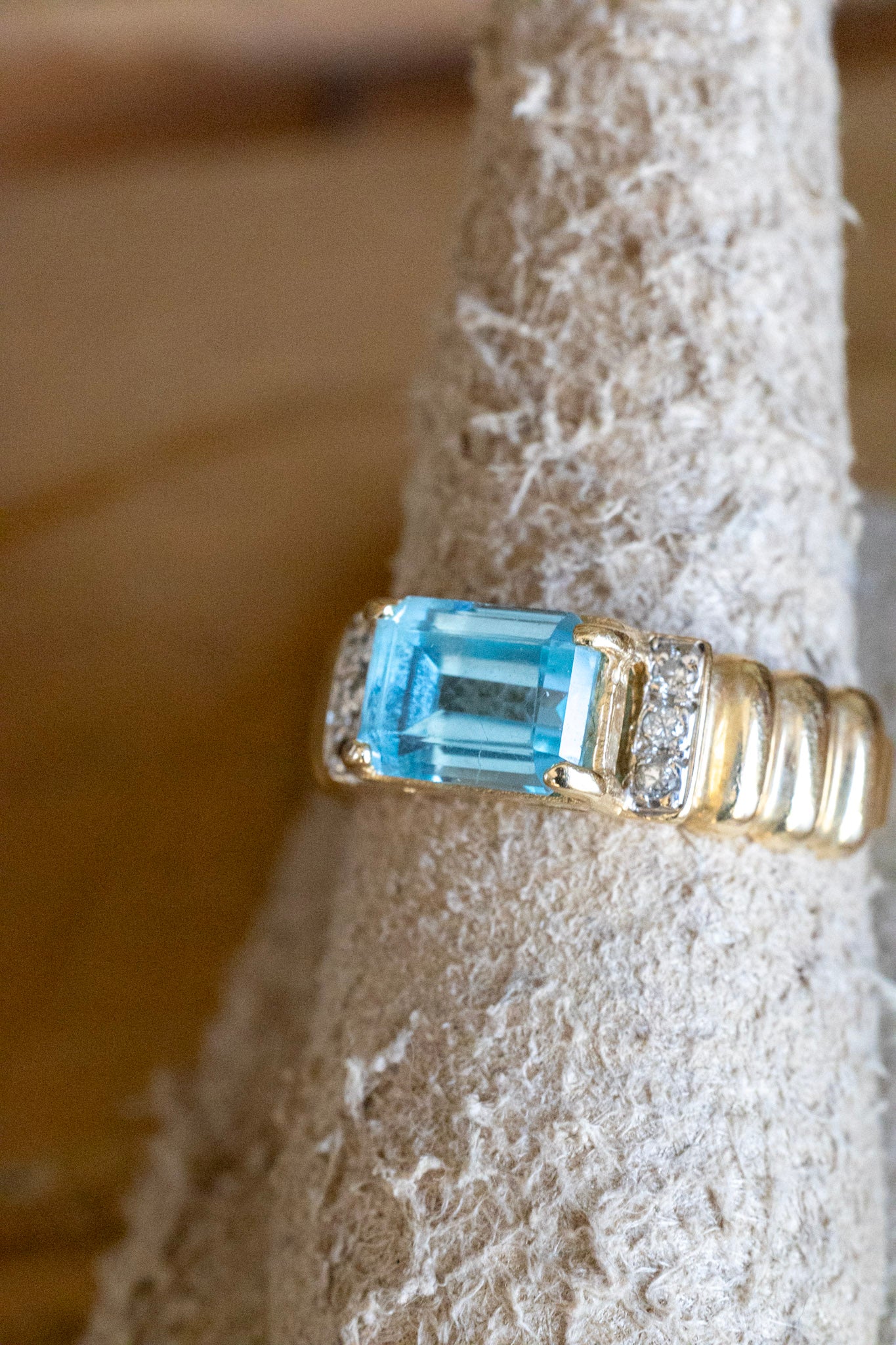 Vintage 14K Yellow Gold Emerald Cut Blue Topaz and Diamond Ring