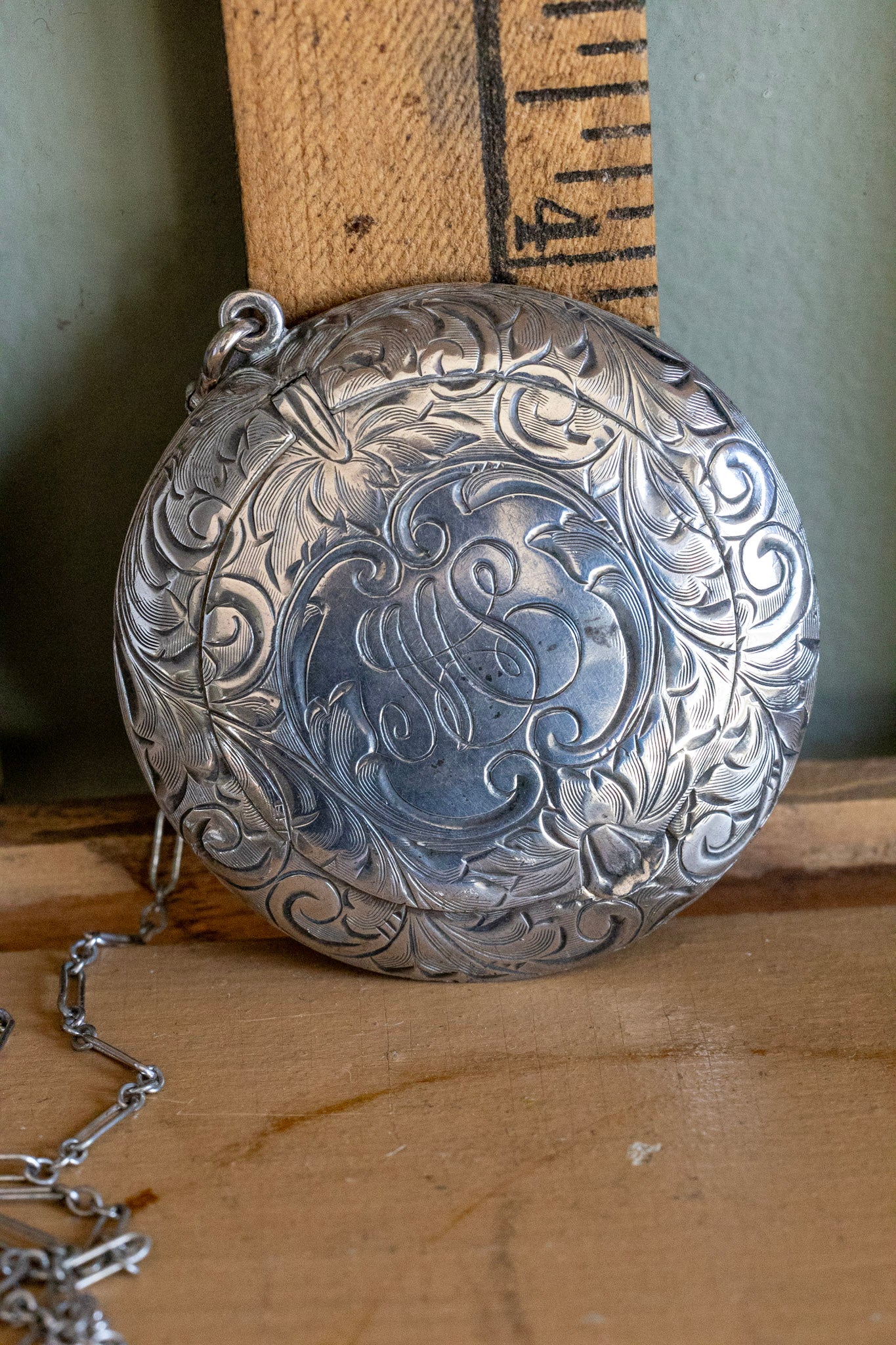 c1920 Art Deco Hand Engraved Round Locket Style Compact on Long Chain