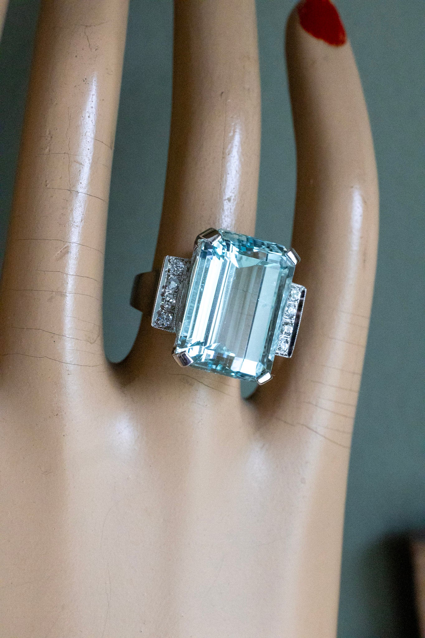 Mid Century Bold 14K White Gold 23 Ct Emerald Cut Aquamarine and Diamond Cocktail Ring