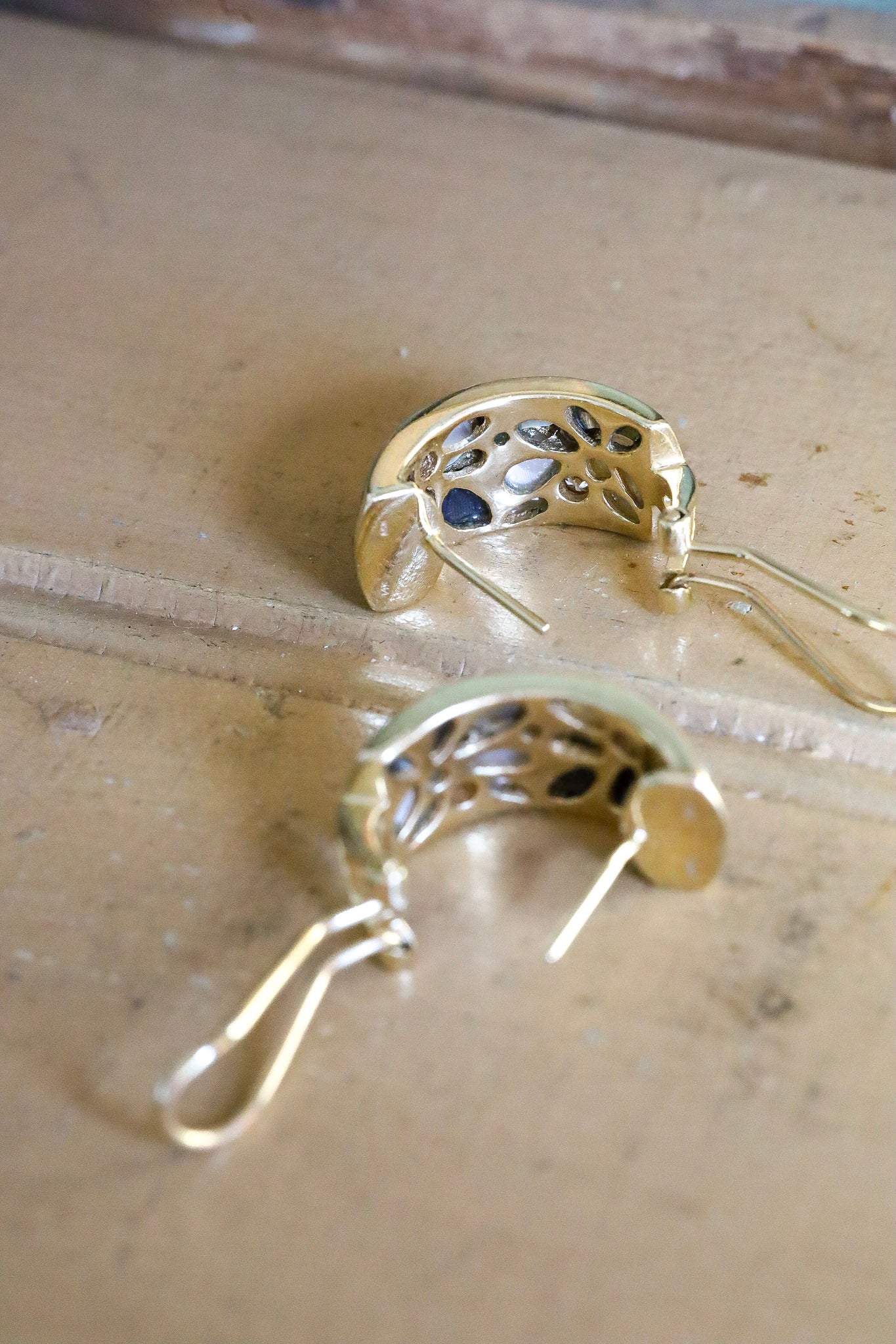 Designer Asch Grossbardt Inlay 18K Yellow Gold Half Hoop Earrings