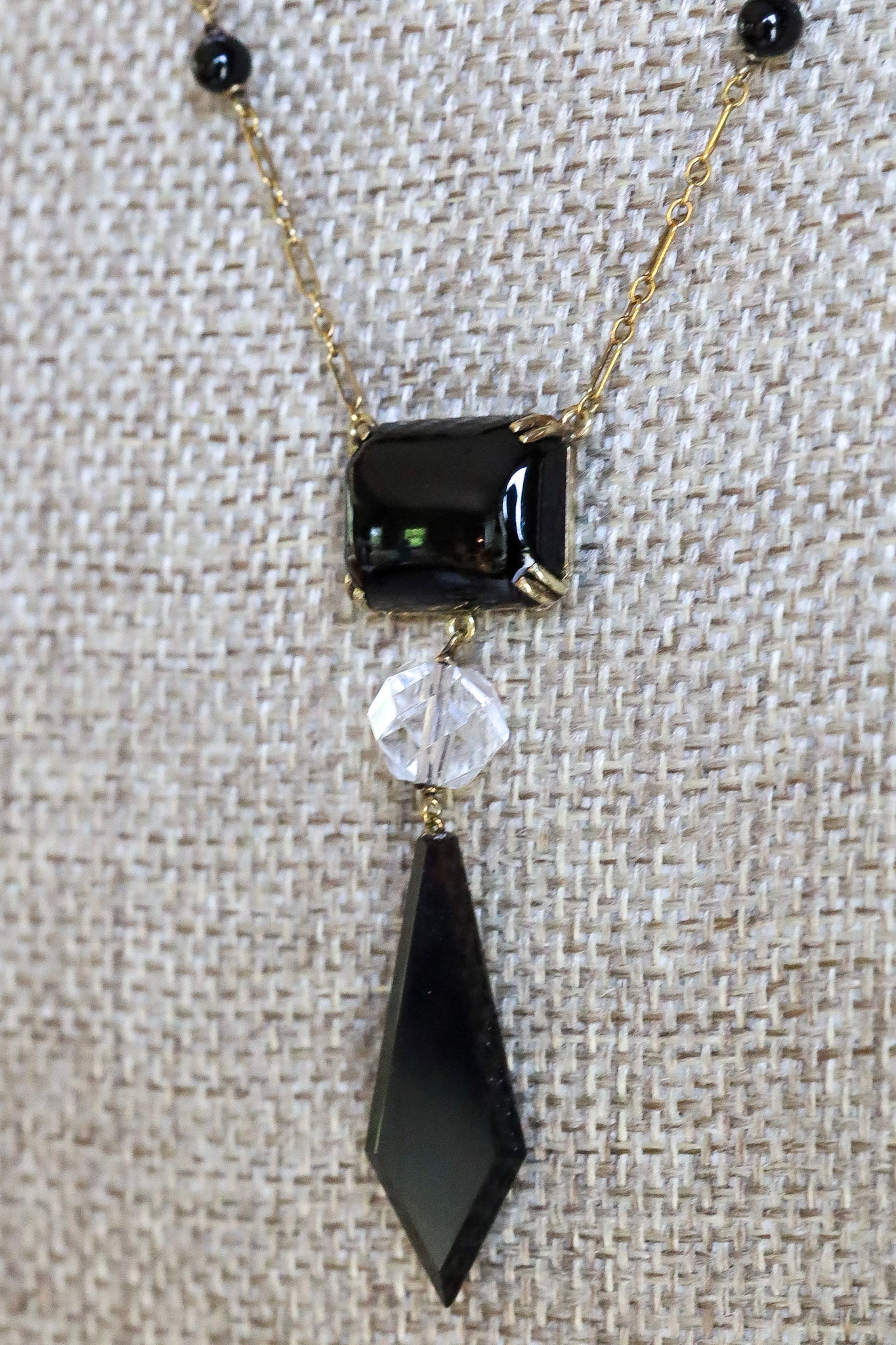 c1940 14K Yellow Gold Onyx and Crystal Necklace and Earrings