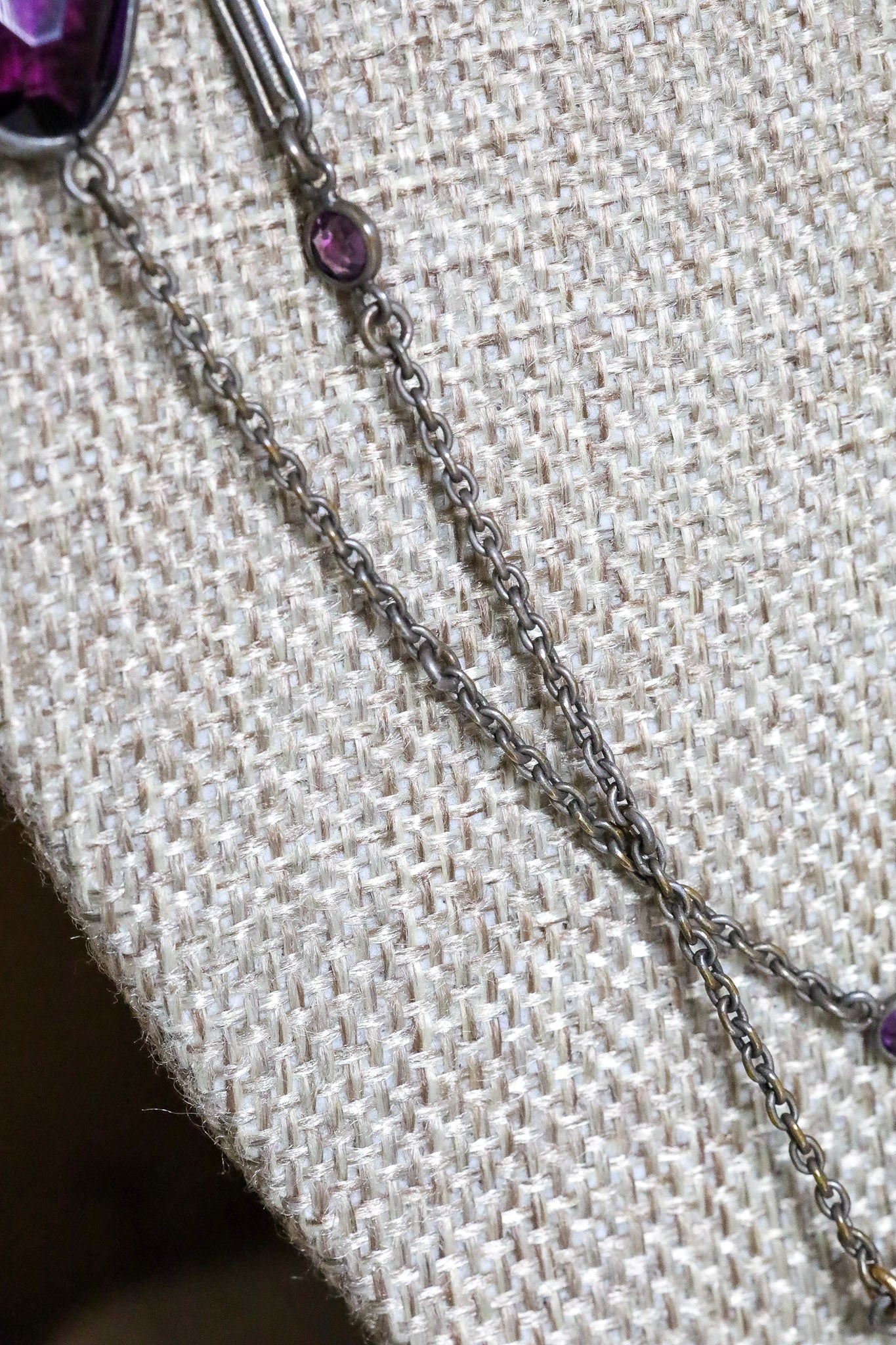 c1900 Antique Long Watch Chain with Glass Amethyst and Pearls