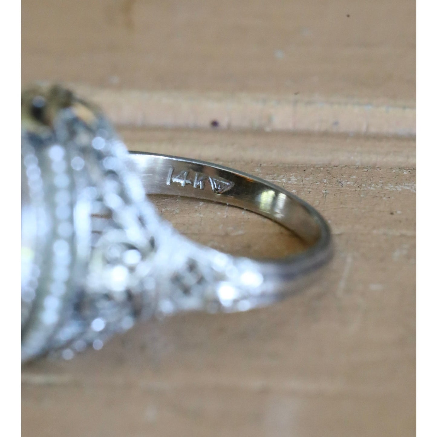 14K White Gold Authentic Art Deco Citrine Ring with Seed Pearl Halo