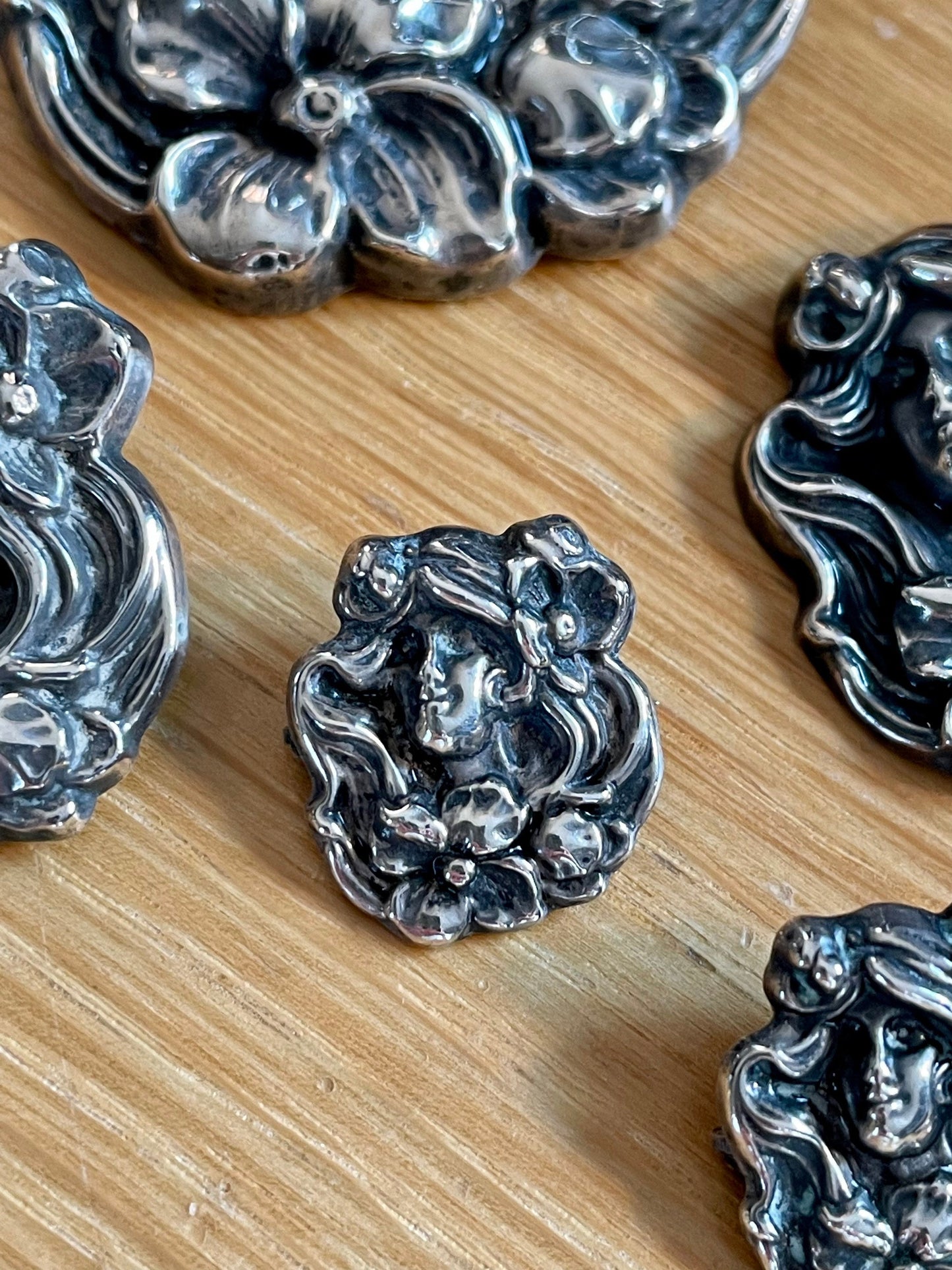 Art Nouveau Sterling Silver Five Piece Brooch Set Lady with Poppies