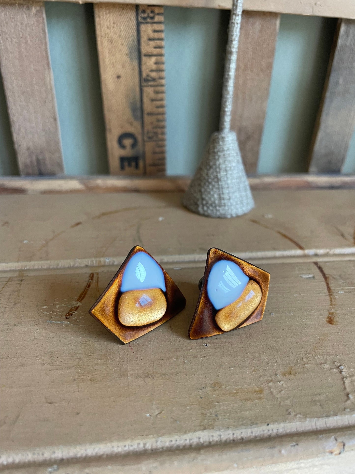 Kay Denning 1960's Brown and White Hand Enameled Earrings