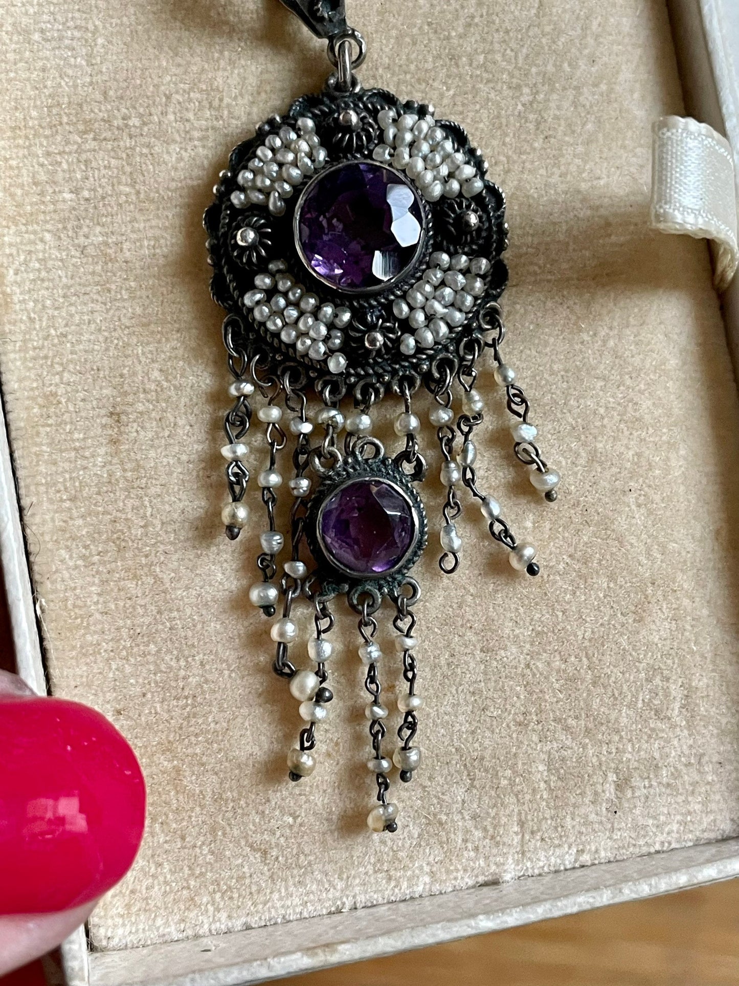 Late Victorian / Art Nouveau Amethyst and Seed Pearl Dangle Pendant