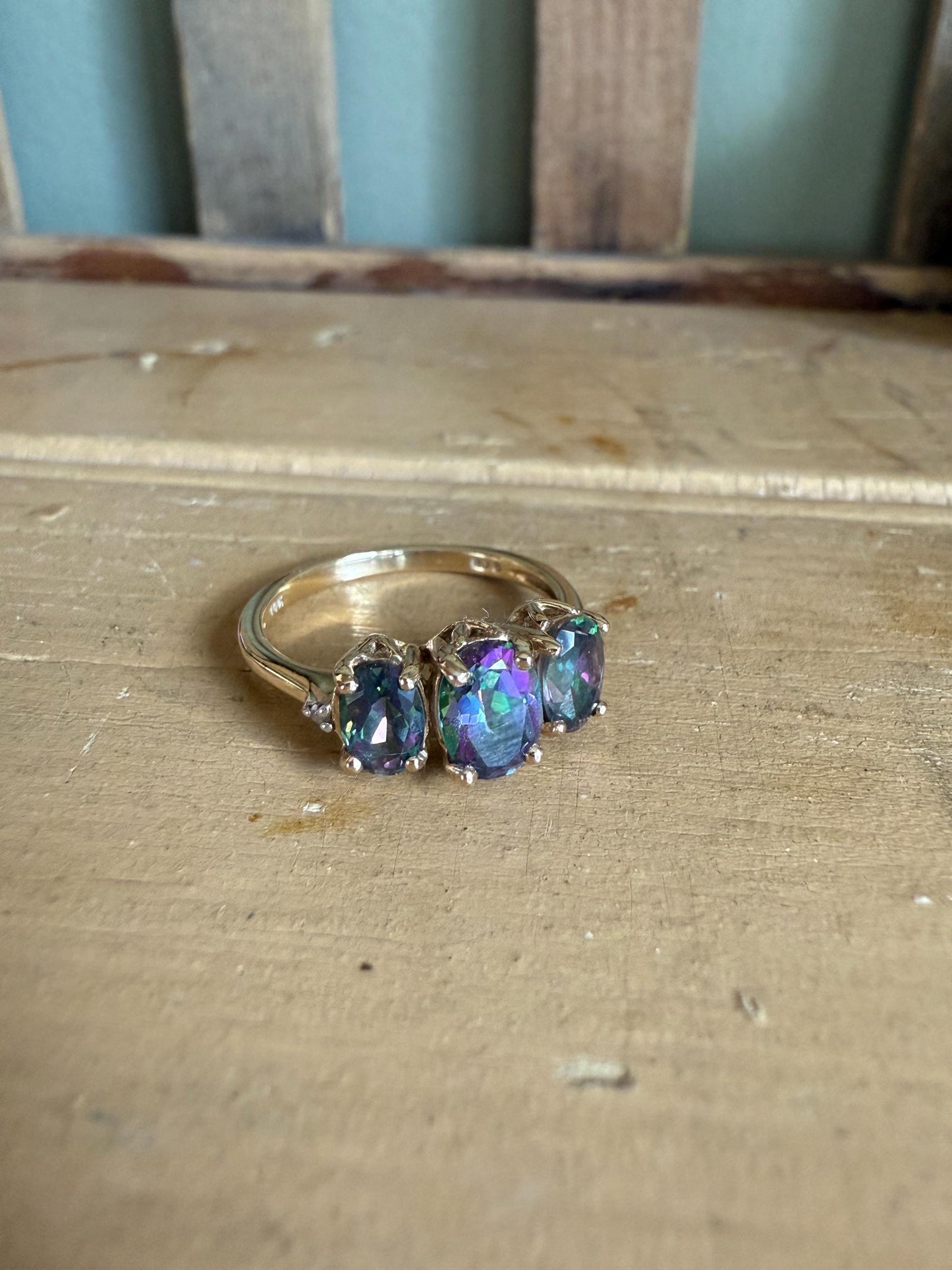 Vintage Three Oval Cut Mystic Topaz 10K Yellow Gold Ring