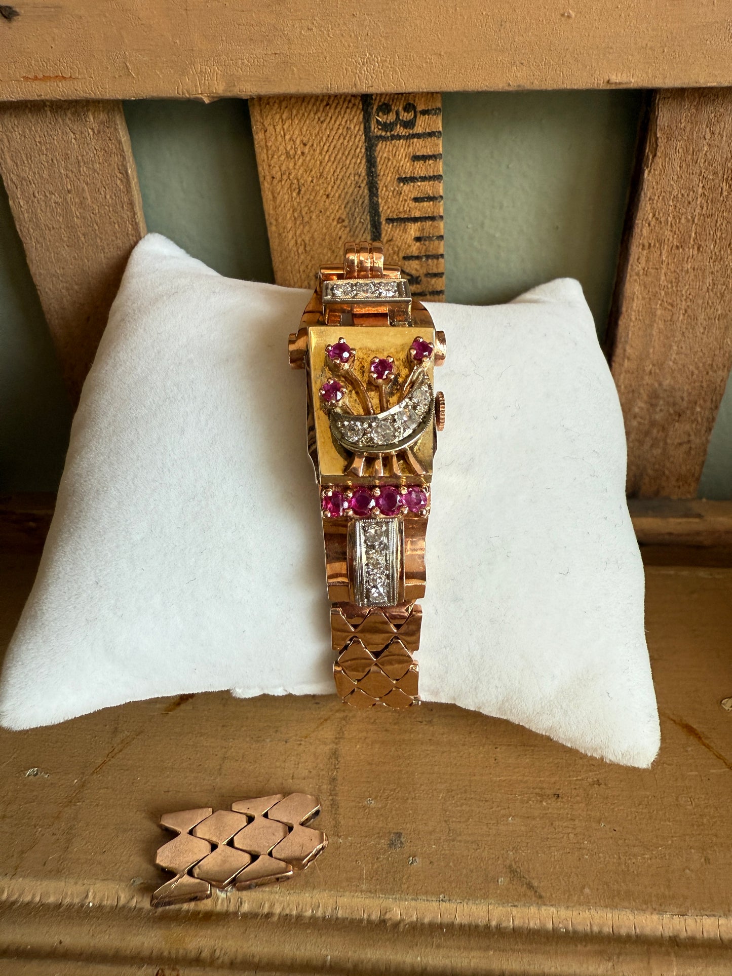 Vintage 1930’s 14K Rose, Green and White Gold Art Deco Ruby and Diamond Surprise Watch