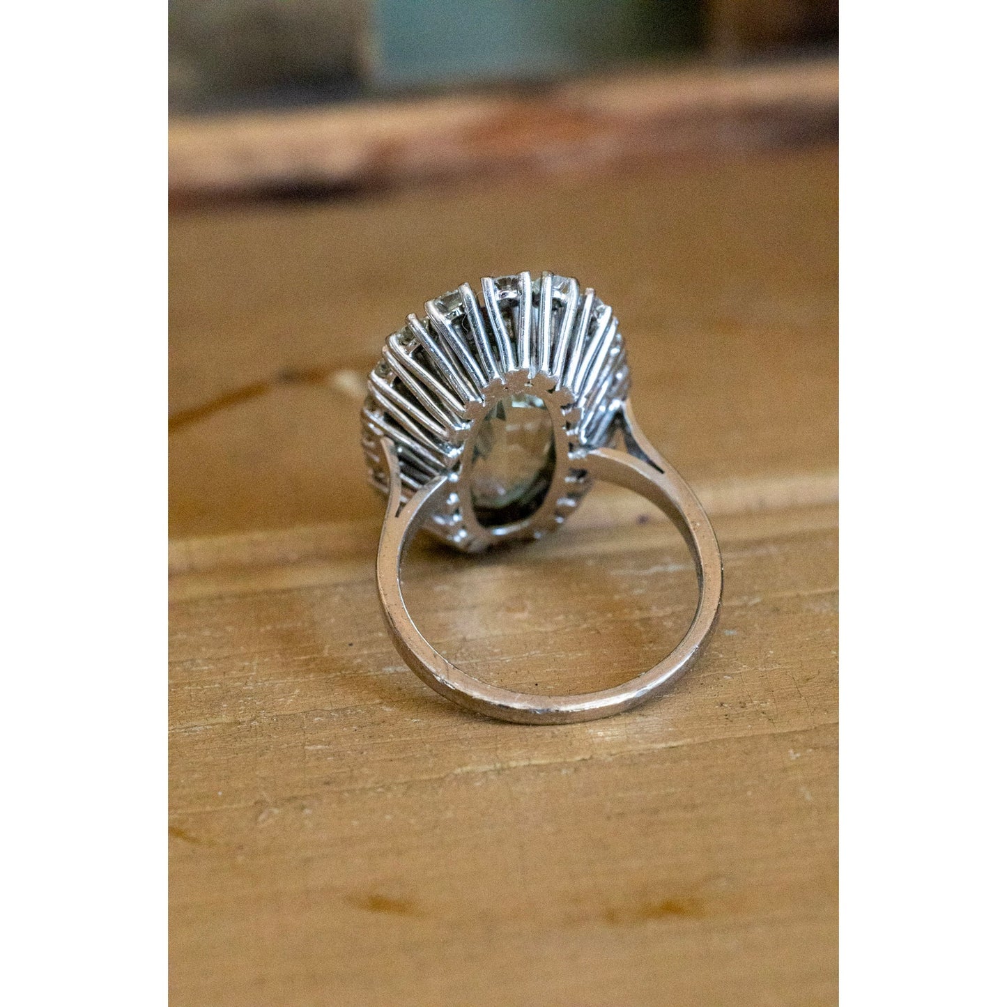 Vintage 1950's 18K White Gold Mid-Century Oval Cut Aquamarine and Natural Diamond Halo Ring