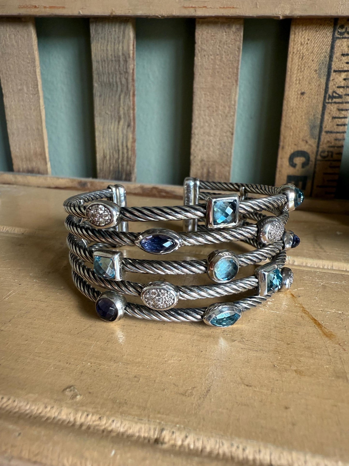 David Yurman Confetti Topaz and Iolite and Diamond Twisted Cable Cuff Bracelet