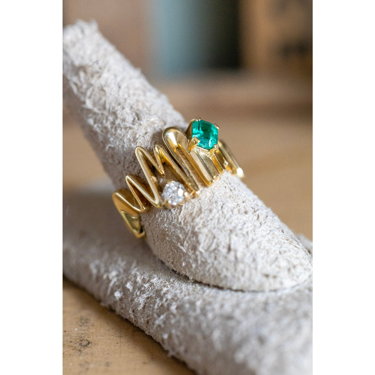 1960's Vintage 18K Columbia Handmade Emerald and Diamond Ring