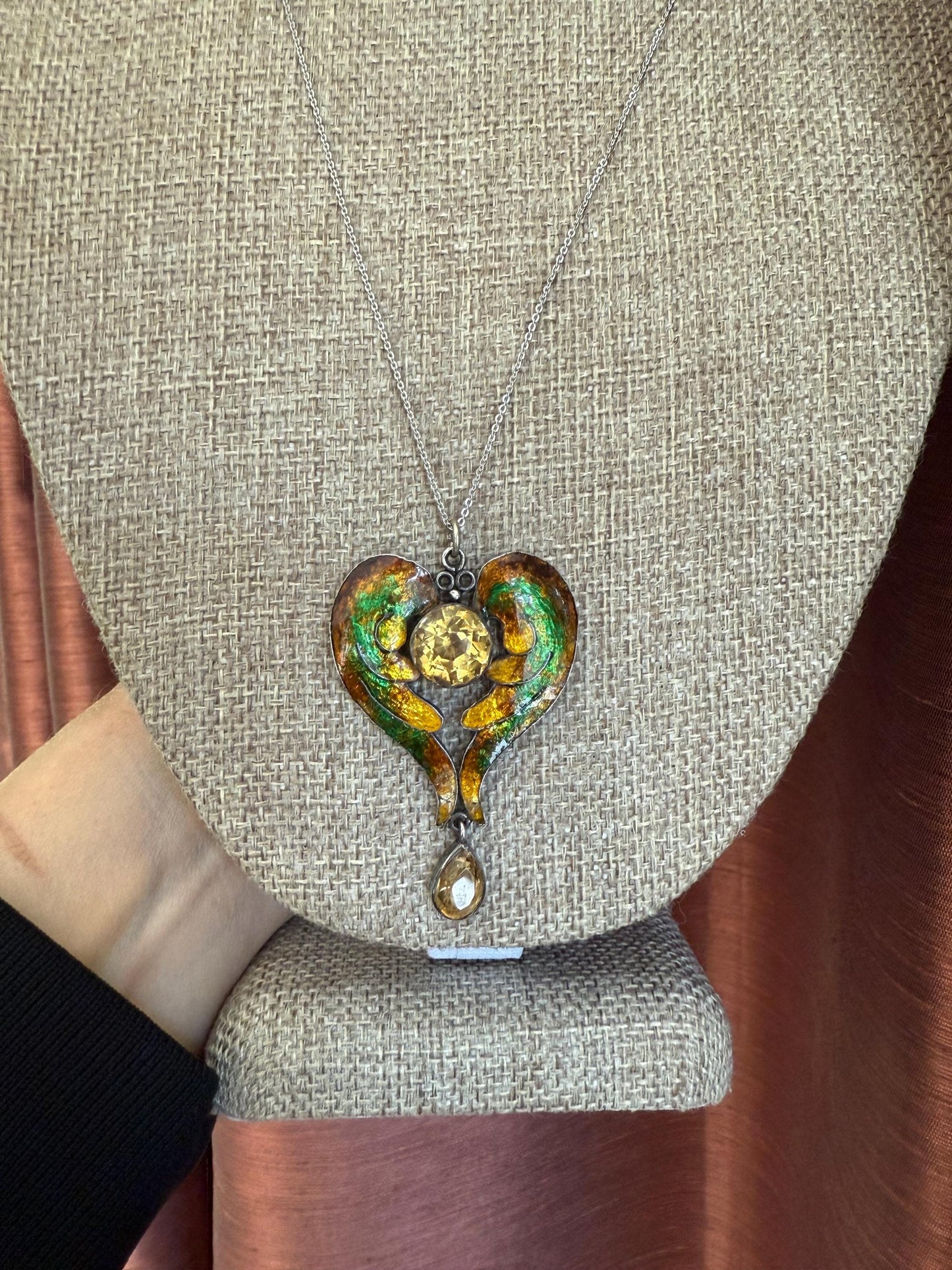 An Antique Arts and Crafts Handmade Silver Enamel Wings Citrine Pendant